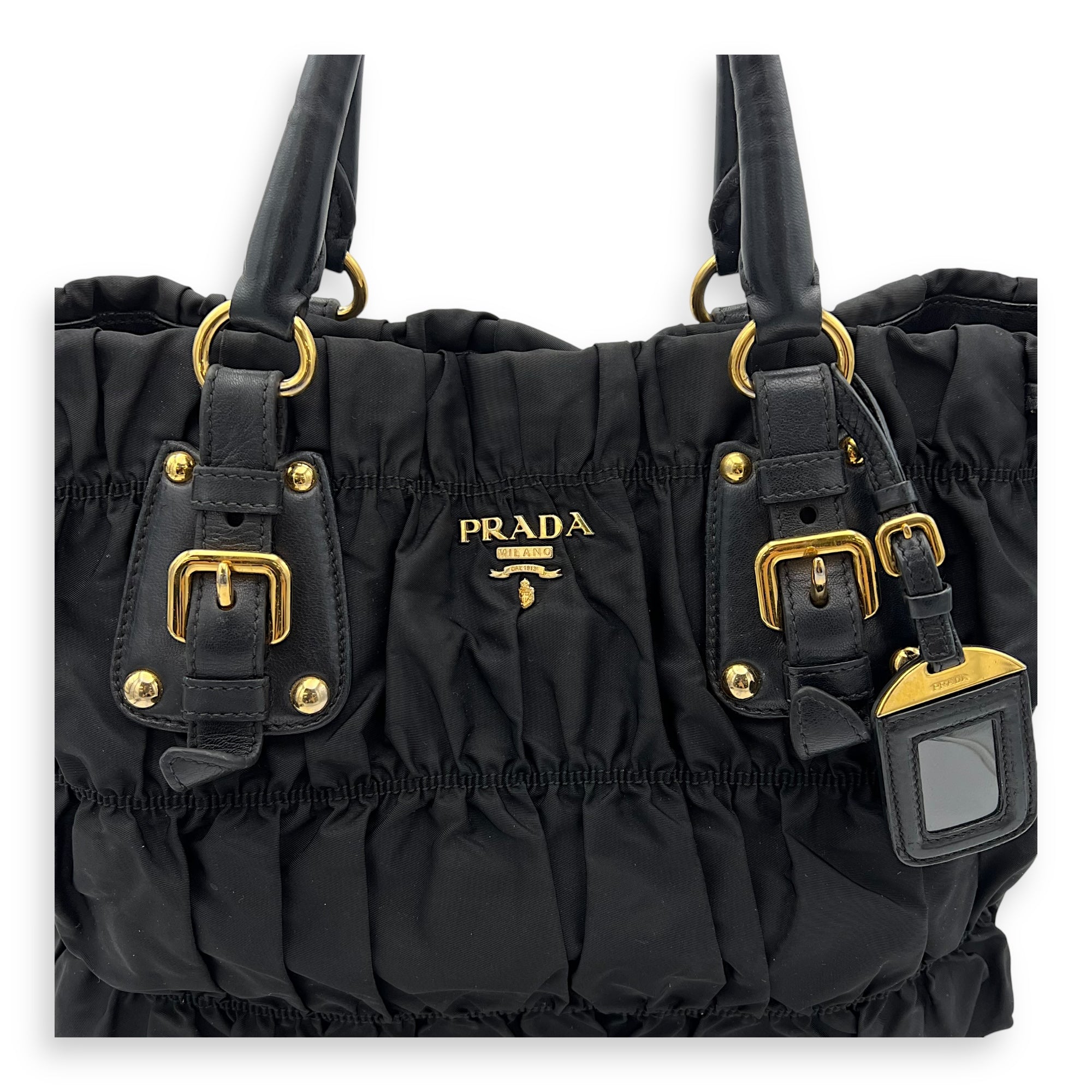 Prada Tessuto gaufre Top Handle Bag Medium Black in Nylon, Gold hardware_7