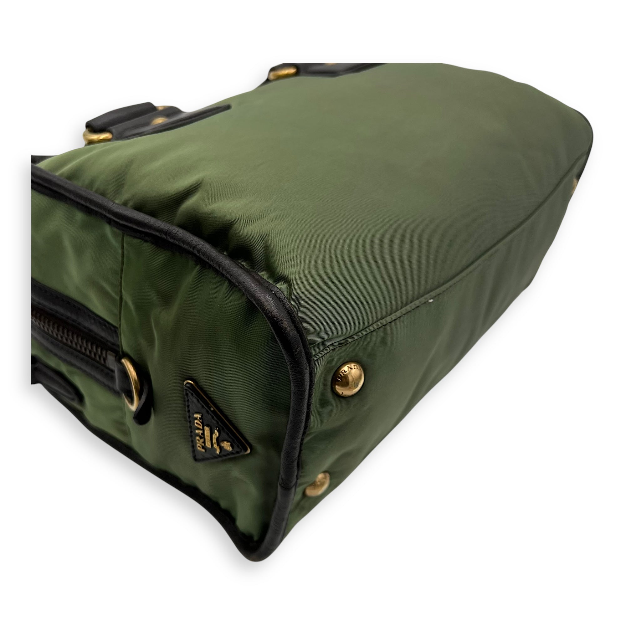 Prada Logo Top Handle Bag Green in Nylon, Gold hardware_9