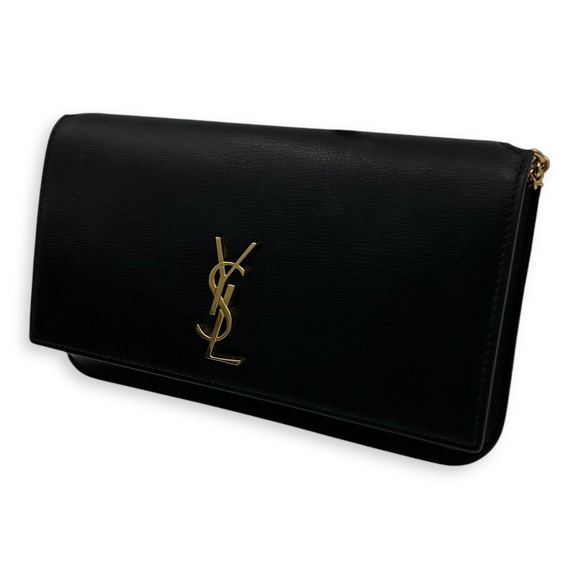 Saint Laurent Cassandra Black Phone Holder in Calfskin, Gold hardware_6