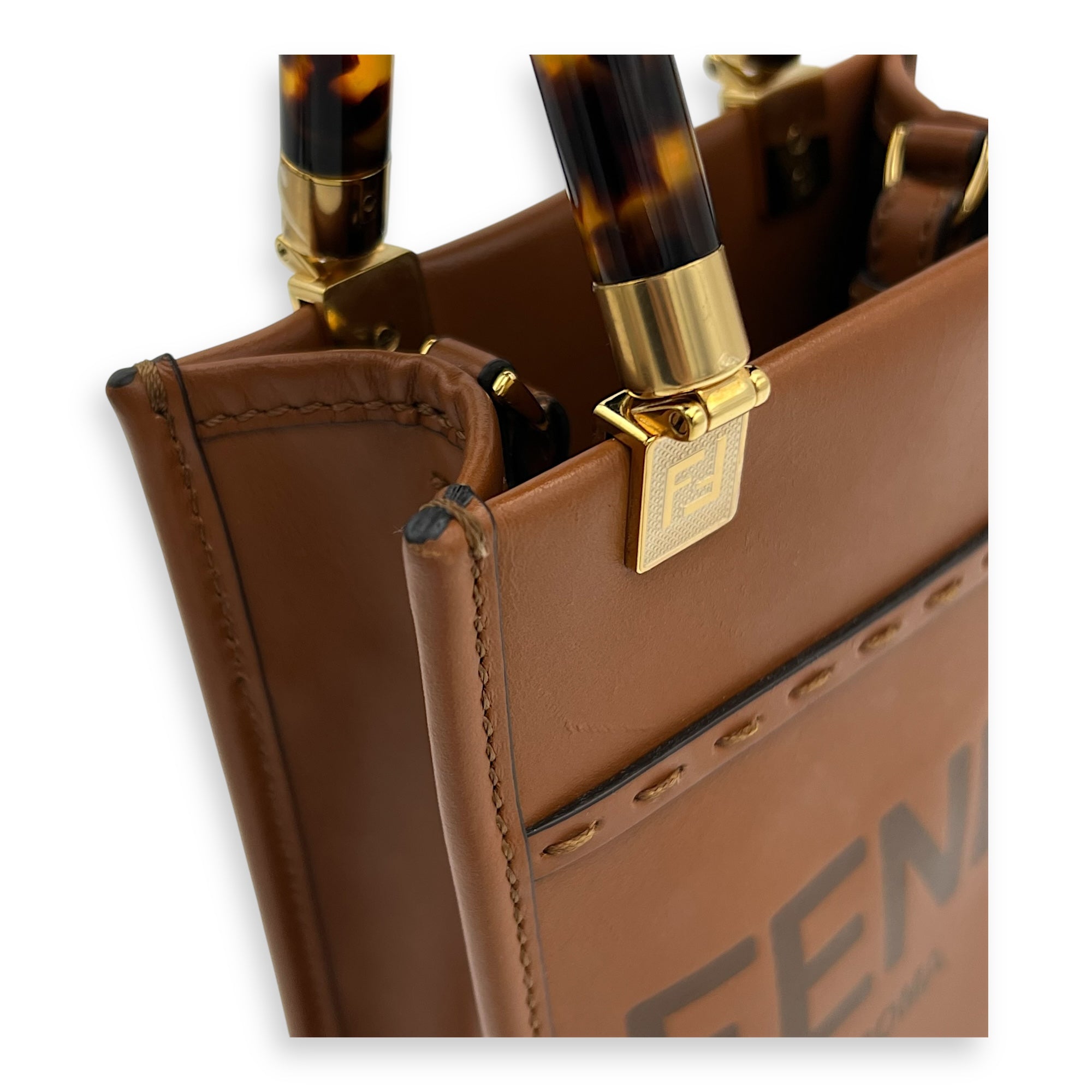 Fendi Sunshine Top Handle Bag Mini Brown in Calfskin, Gold hardware_9