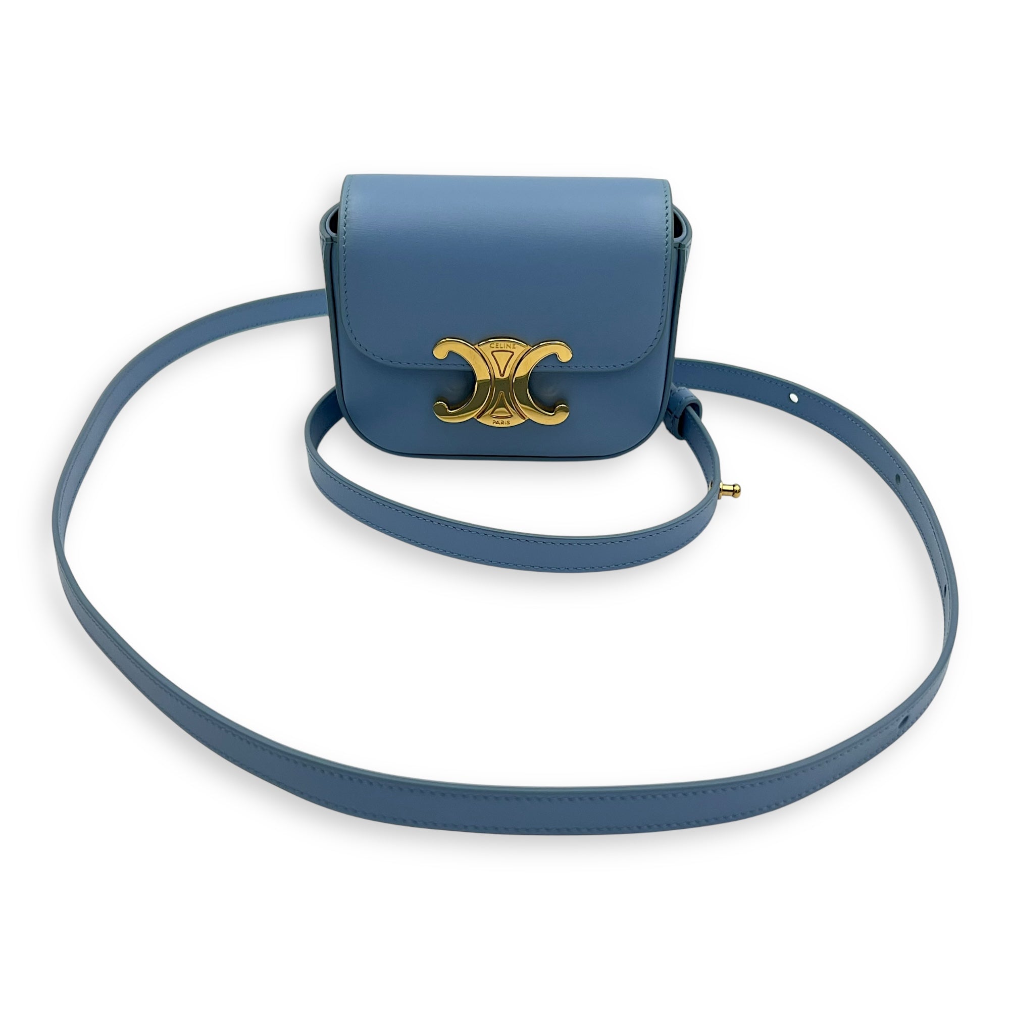 Celine Claude Crossbody Bag Blue in Calfskin, Gold hardware_12