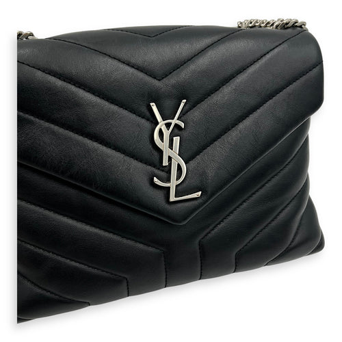 Saint Laurent Loulou Small Black Shoulder Bag in Calfskin, Silver hardware_7