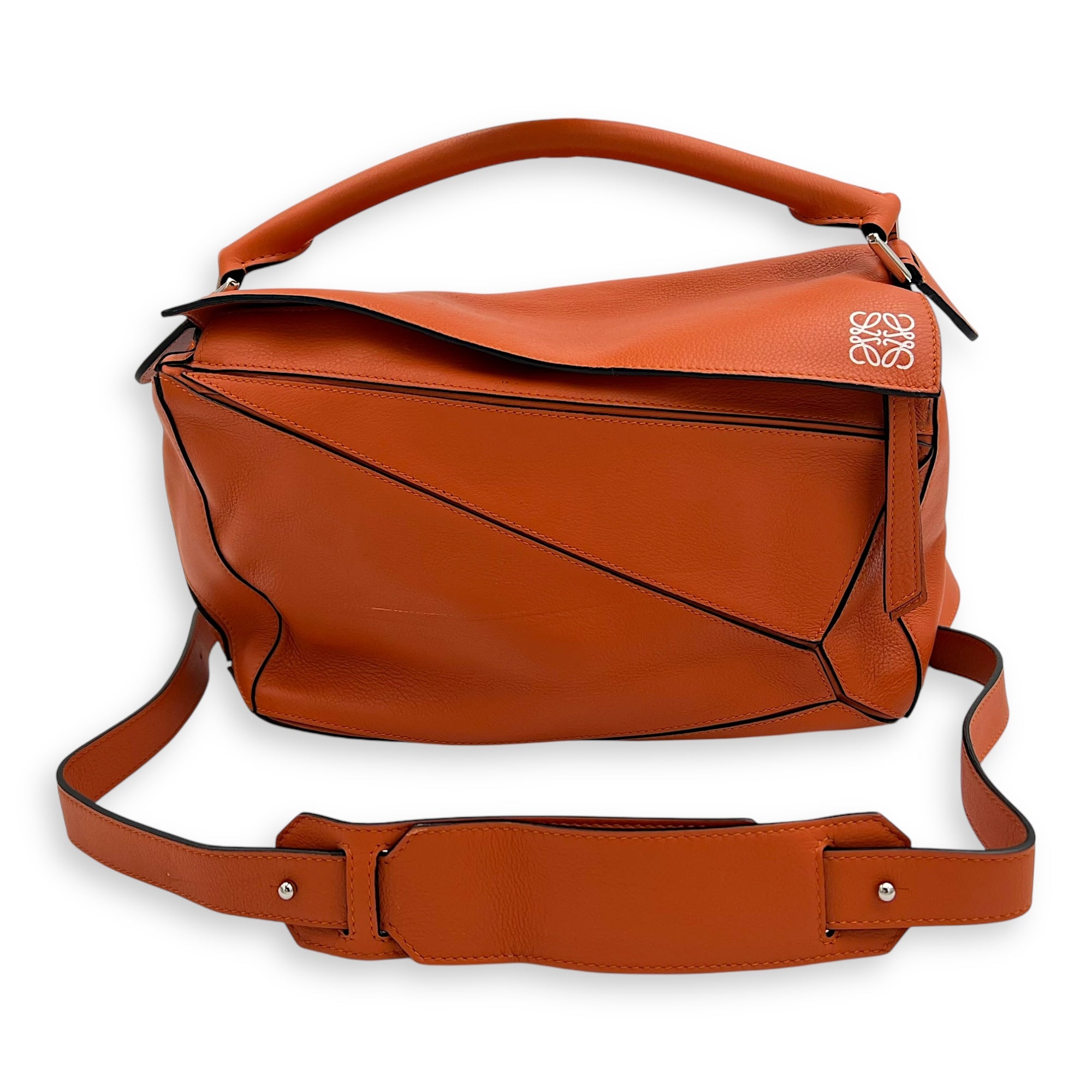 Loewe Puzzle Medium Orange Crossbody Bag in Calfskin, Silver hardware_19