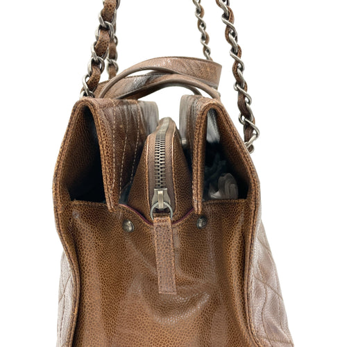 Two-way Brown Top Handle Bag in Caviar Leather, Ruthenium hardware