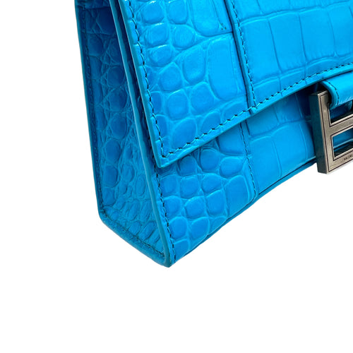 Hourglass XS Blue Top Handle Bag in Calfskin, Silver hardware