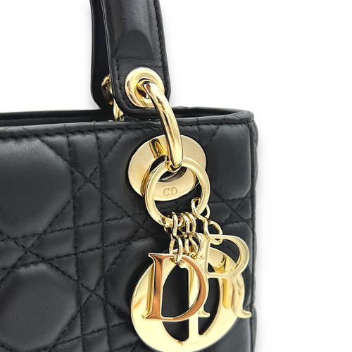 Lady Dior Small Black Top Handle Bag in Lambskin, Light Gold hardware