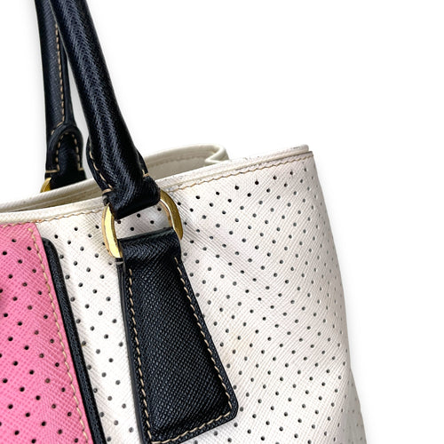 Perforated Galleria White Top Handle Bag in Calfskin, Gold hardware