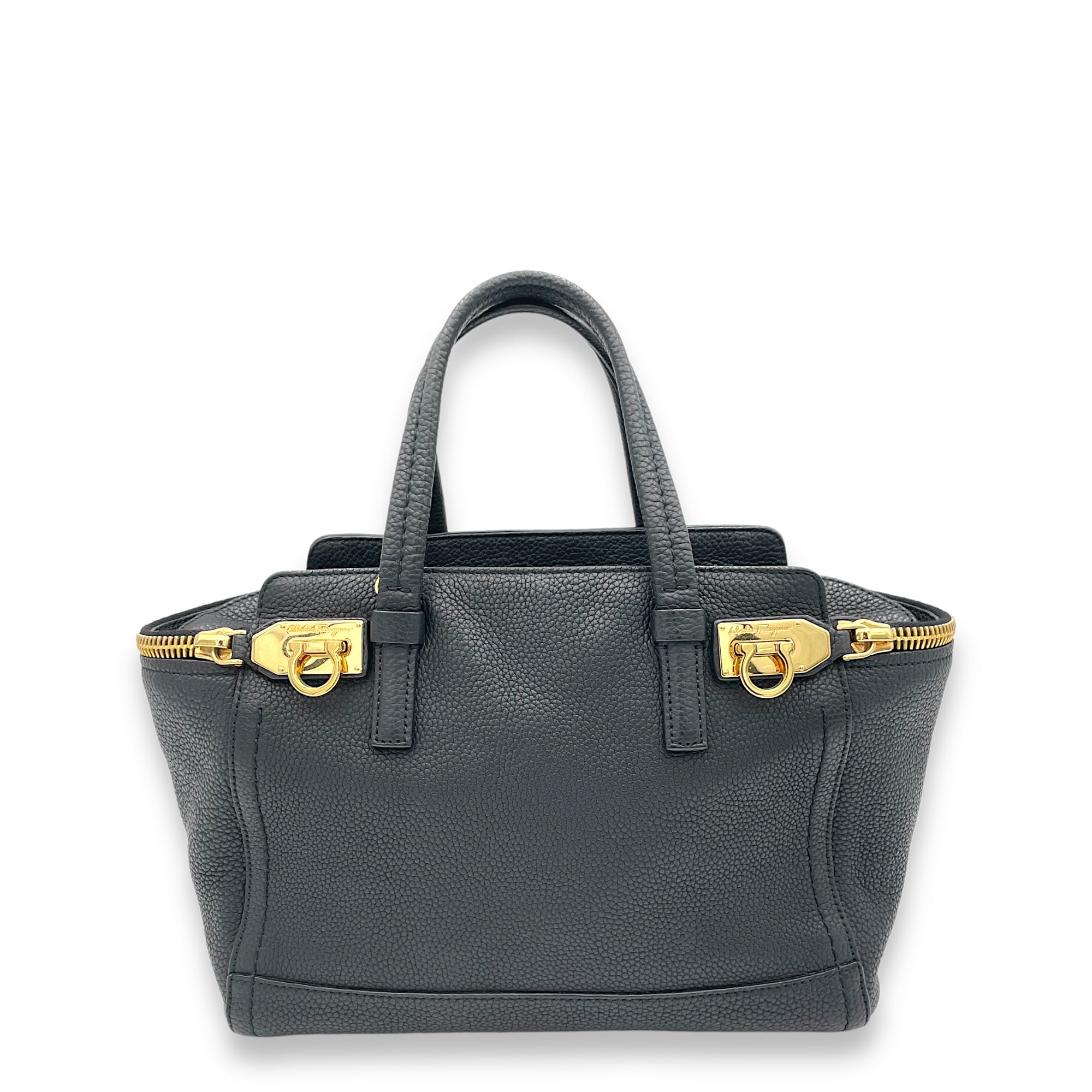 Gancini Top Handle Bag Black in Calfskin, Gold hardware