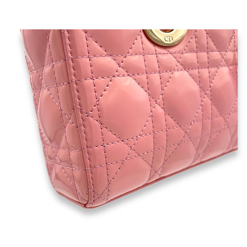 Lady D-Joy Small Pink Top Handle Bag in Patent Leather, Gold hardware