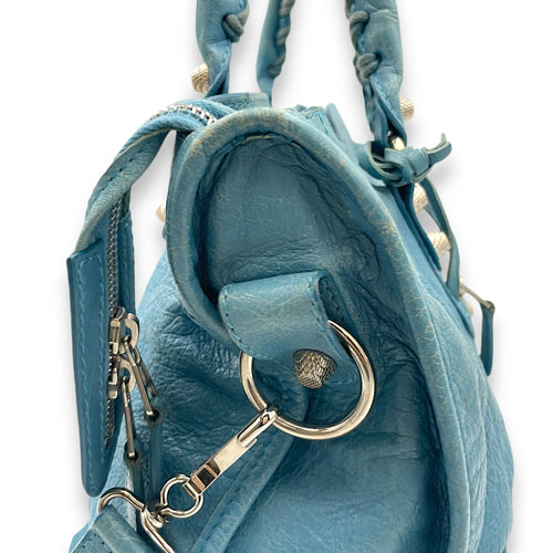 City Medium Blue Top Handle Bag in Distressed Leather, Silver hardware