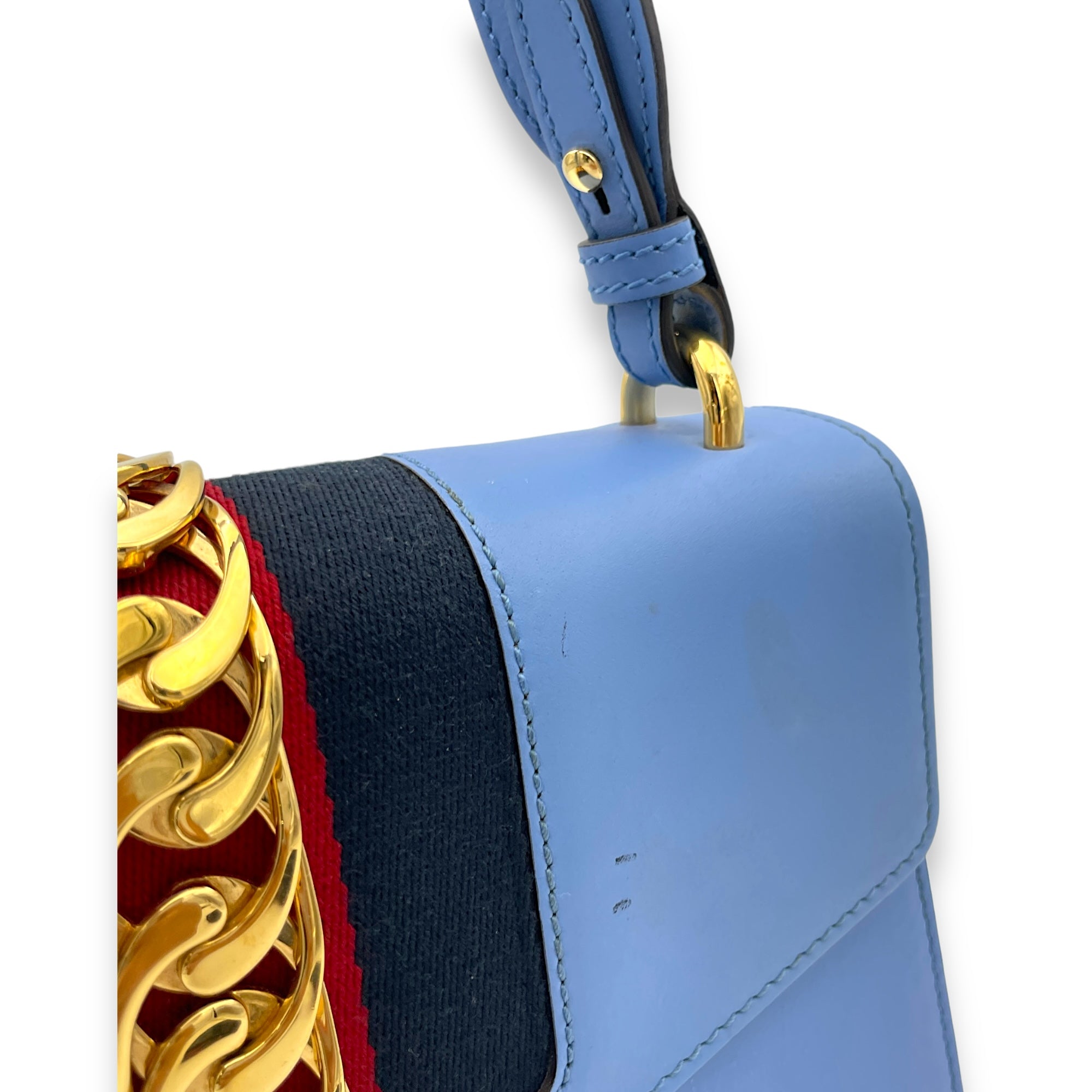 Sylvie Small Blue Shoulder Bag in Calfskin, Gold hardware