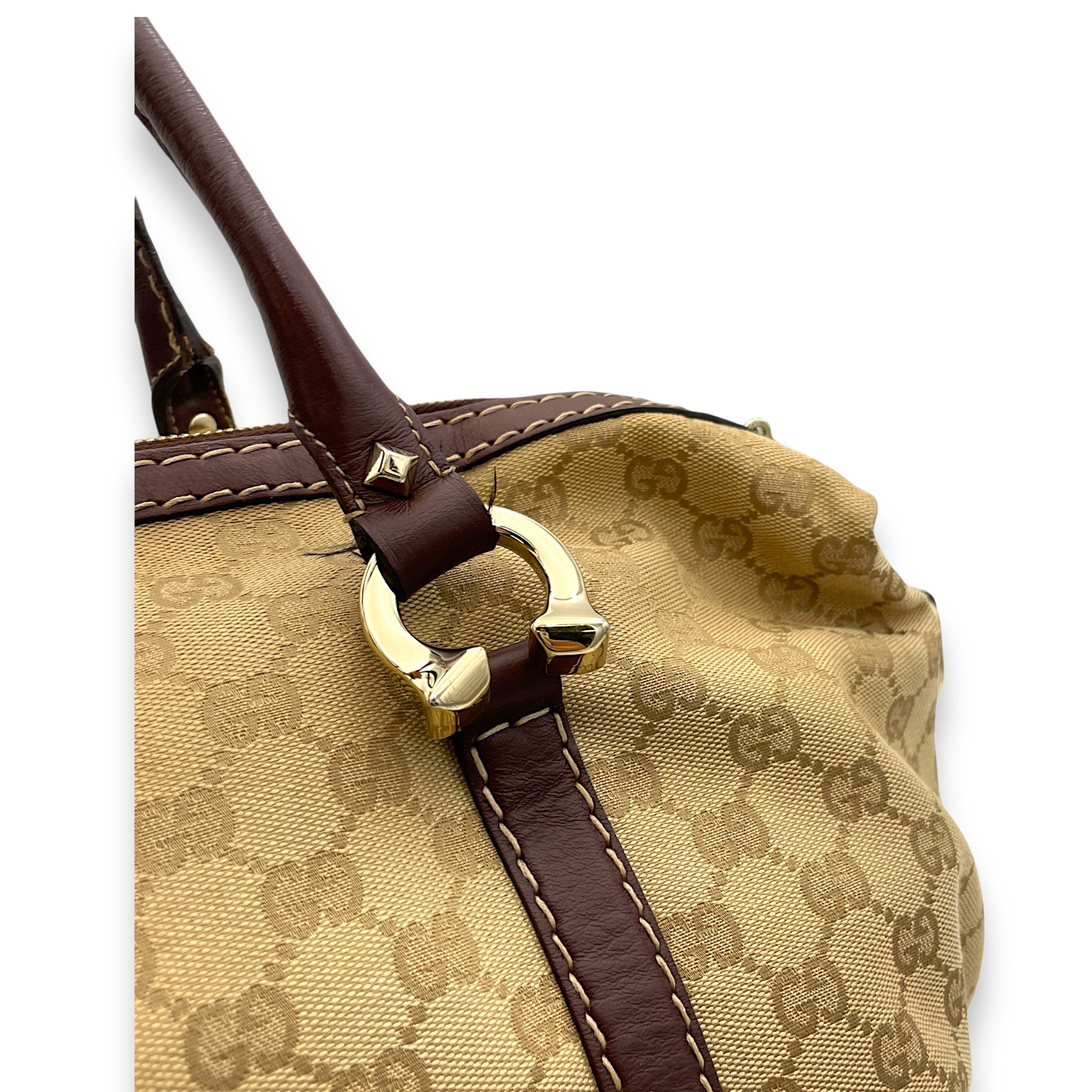 Horsebit Nail Boston  Top Handle Bag Brown in Canvas, Gold hardware