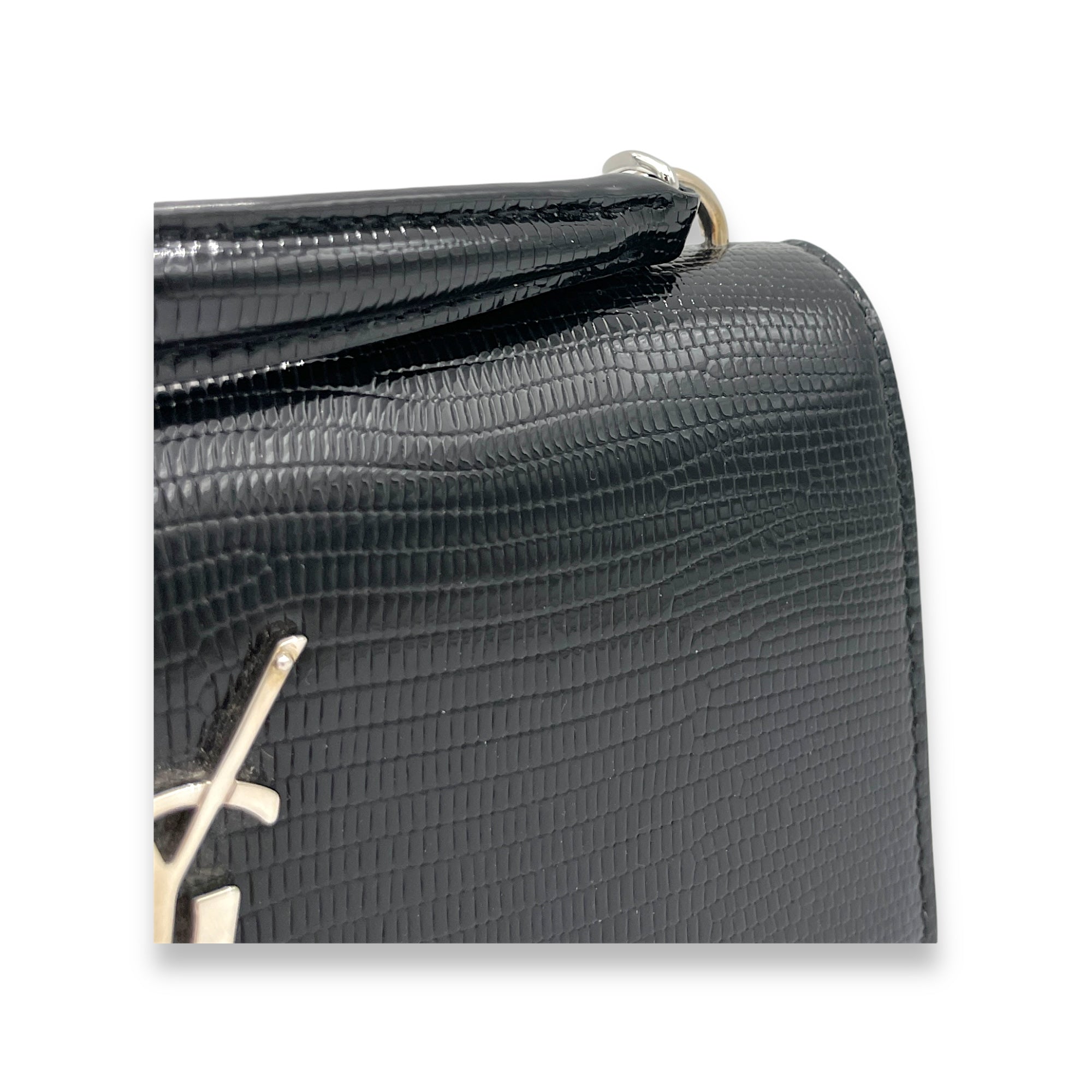 Sunset Black Crossbody Bag in Lizard Embossed, Silver hardware