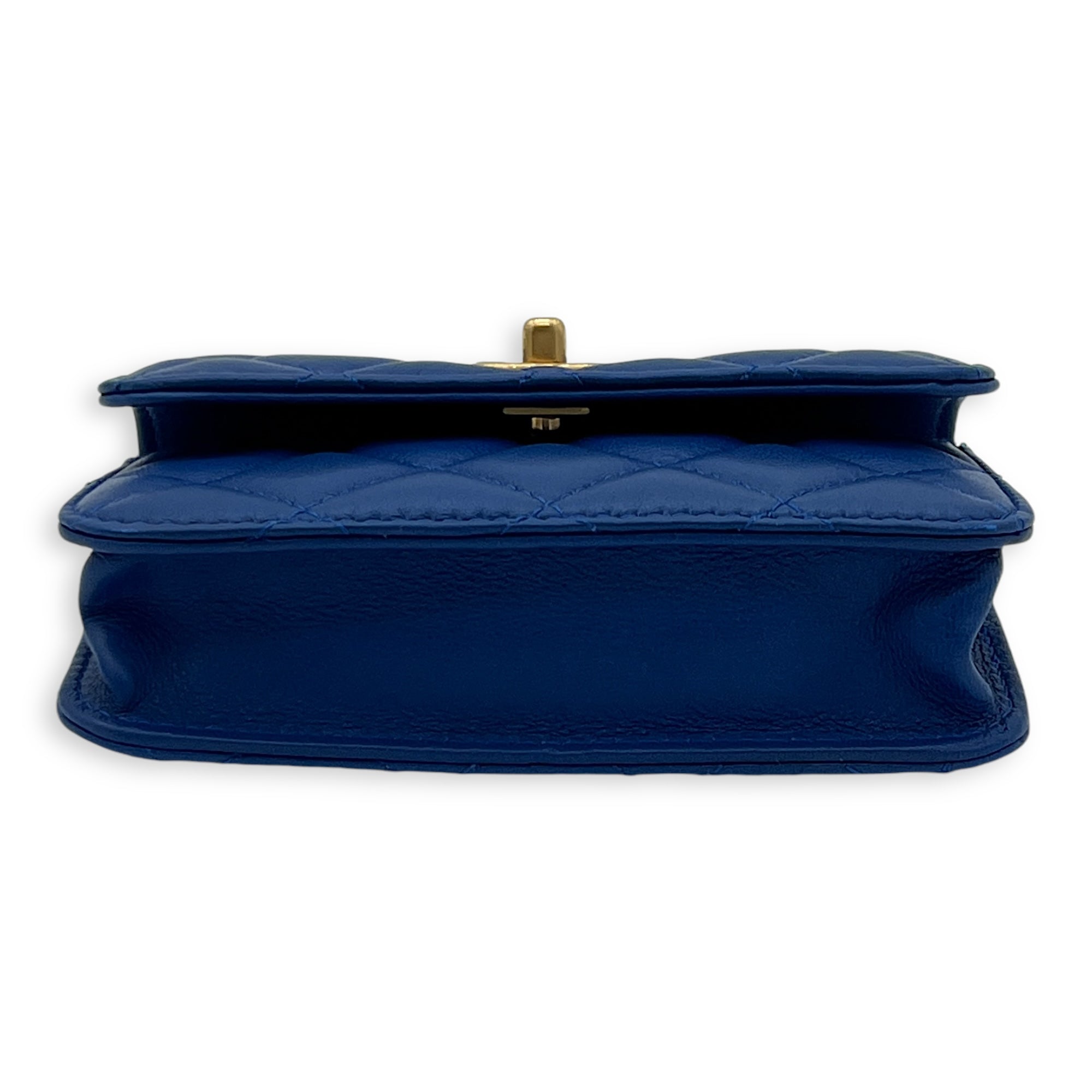 Pearl Crush Mini Blue Wallet On Chain in Calfskin, Gold hardware