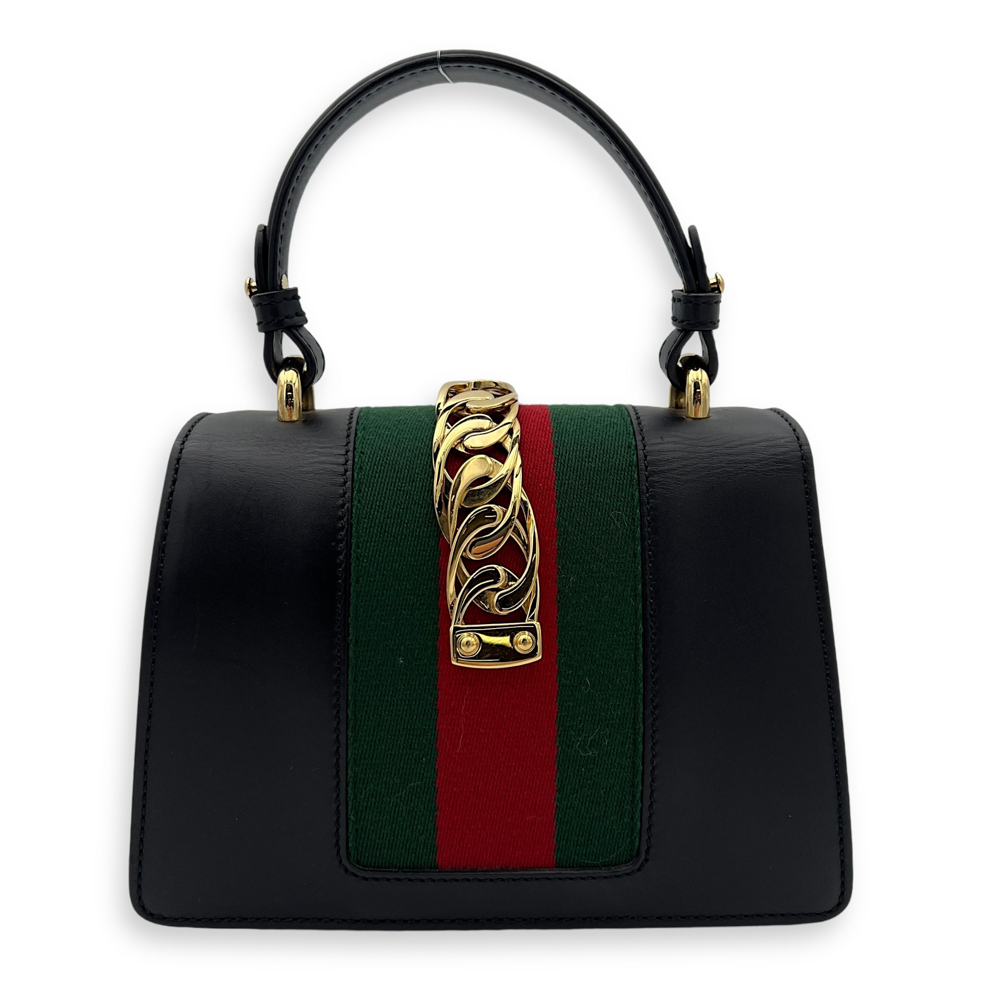 Sylvie Mini Black Top Handle Bag in Calfskin, Gold hardware