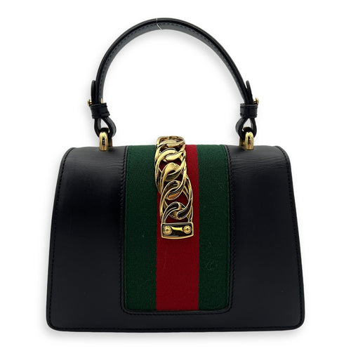 Sylvie Mini Black Top Handle Bag in Calfskin, Gold hardware