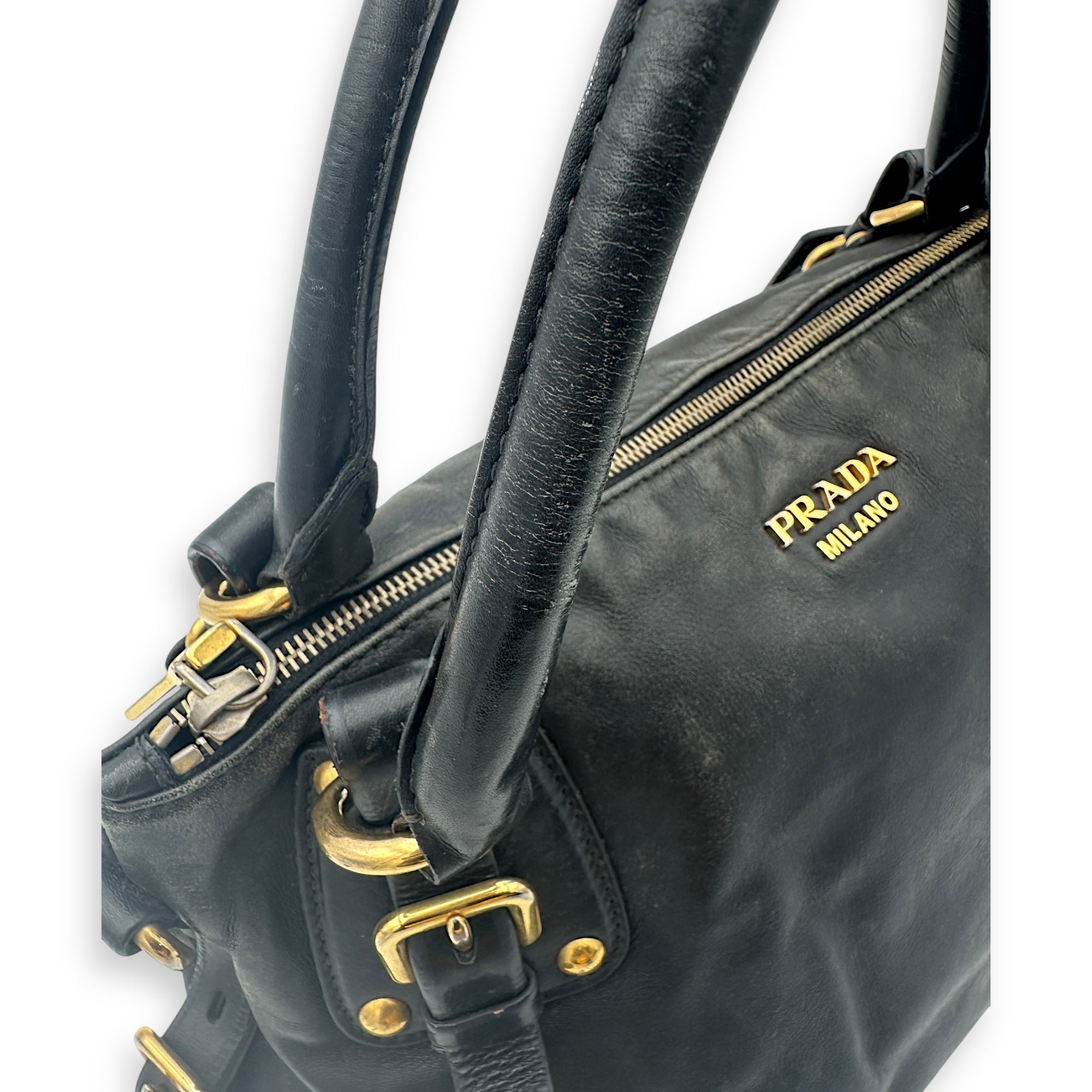 Prada Logo Top Handle Bag Black in Calfskin, Gold hardware_22