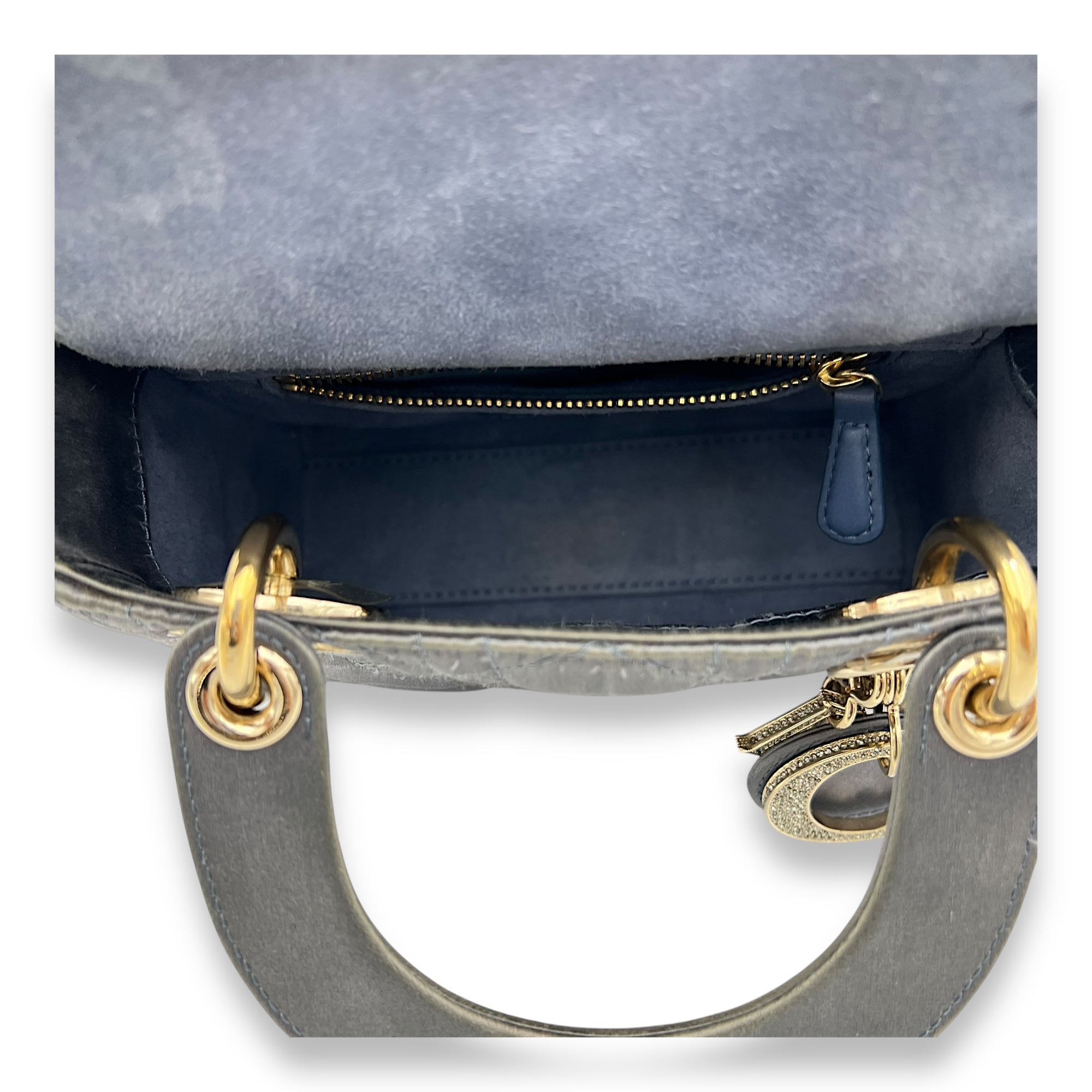 Christian Dior Lady Dior Top Handle Bag Mini Grey in Satin, Gold hardware_6