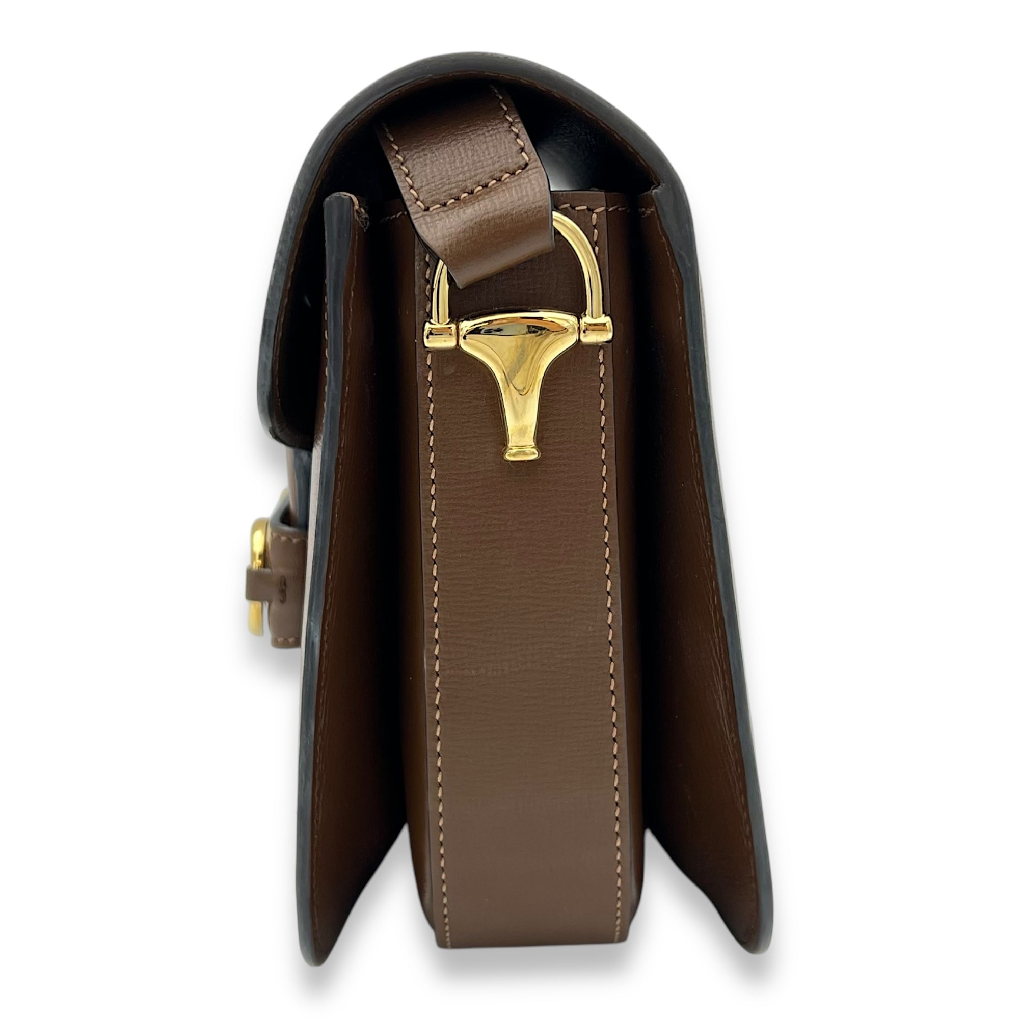 Gucci Horsebit 1955 Crossbody Bag Brown in Calfskin, Gold hardware_4