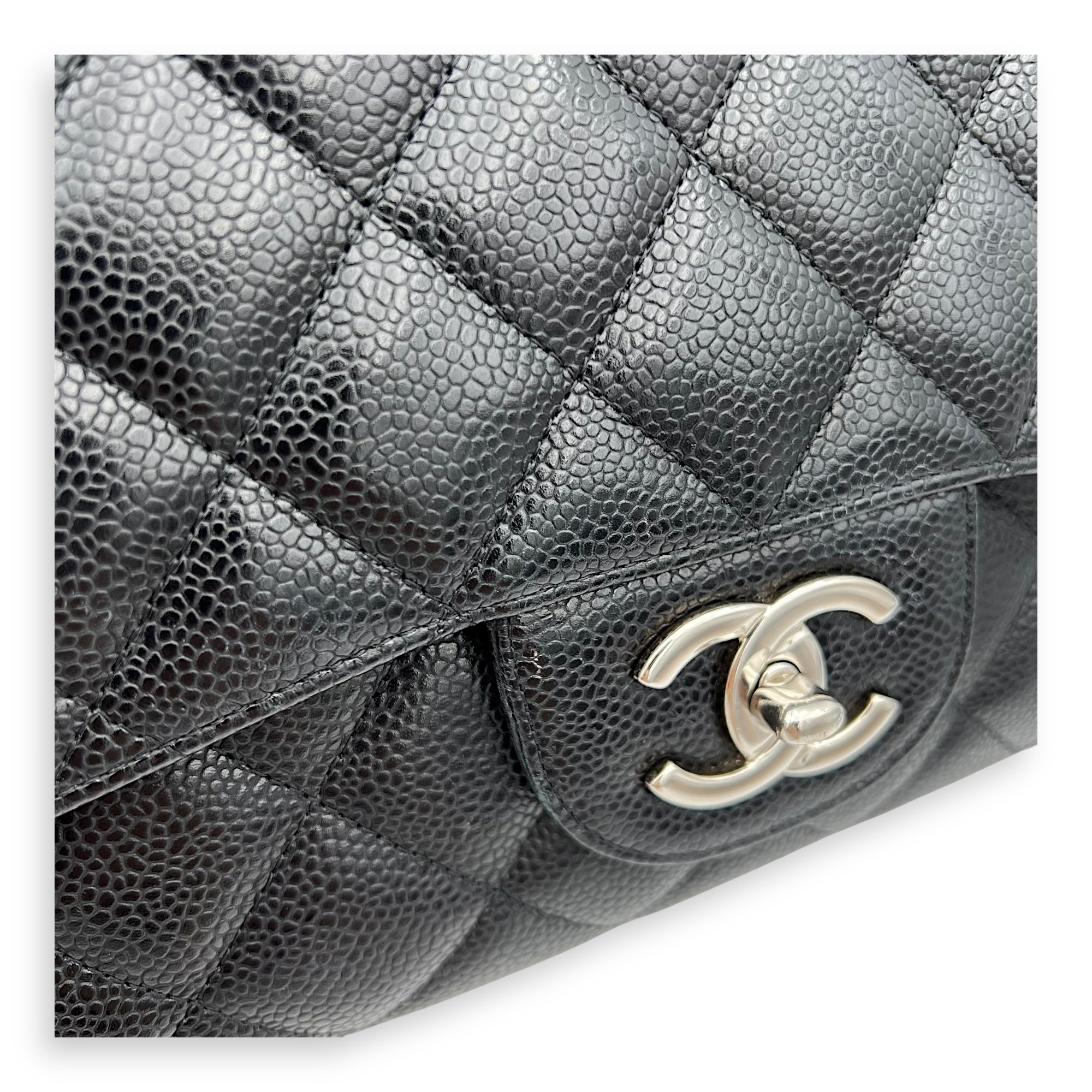Chanel Classic Double Flap Maxi Black Shoulder Bag in Caviar Leather, Silver hardware_12