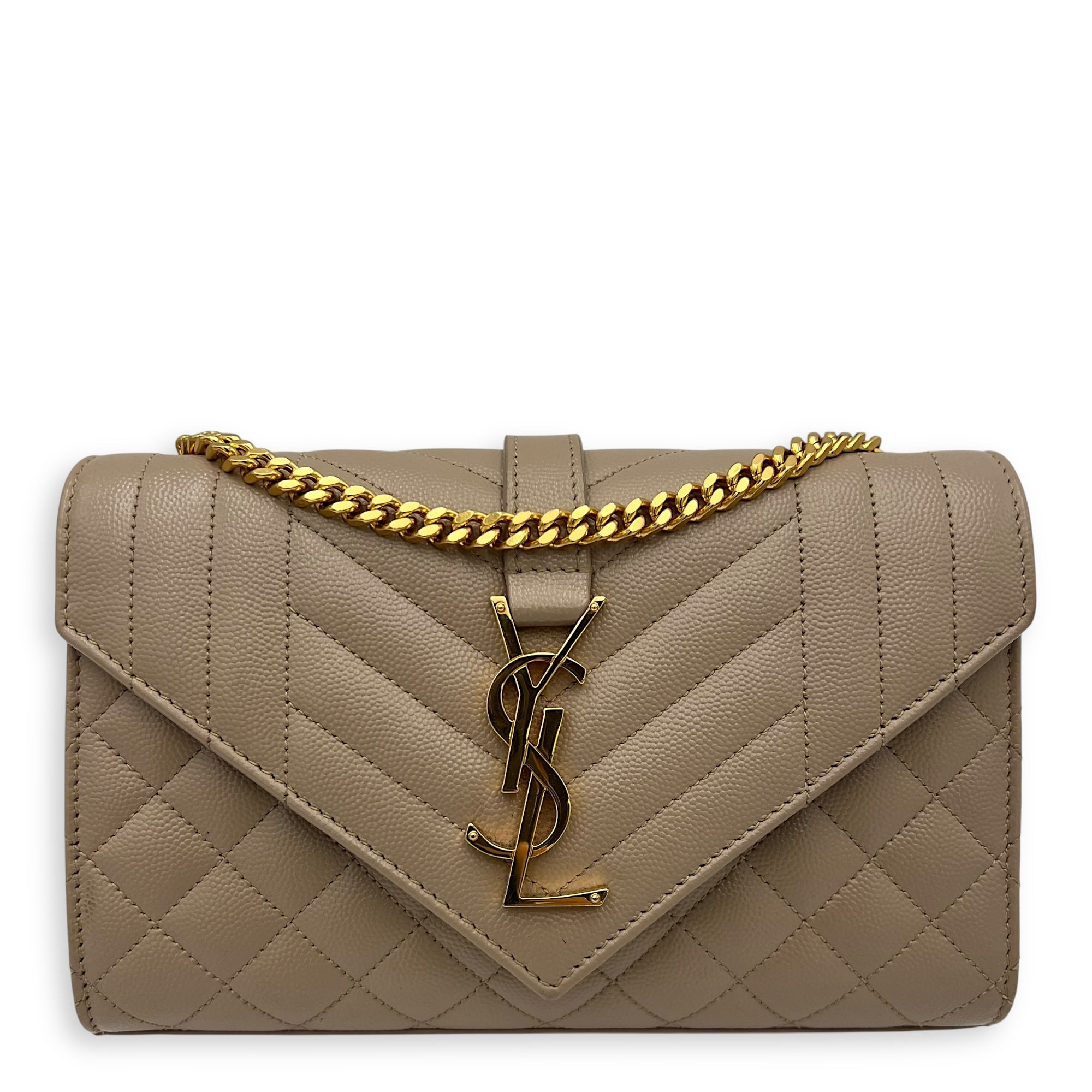 Saint Laurent Envelope Crossbody Bag Small Beige in Calfskin, Gold hardware_1