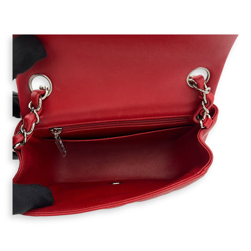Chanel Square Shoulder Bag Mini Red in Lambskin, Silver hardware_6