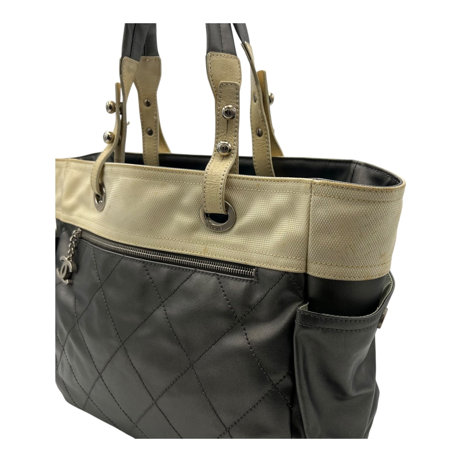 Chanel Paris Biarritz Tote Bag Grey in Coated Canvas, Silver hardware_9