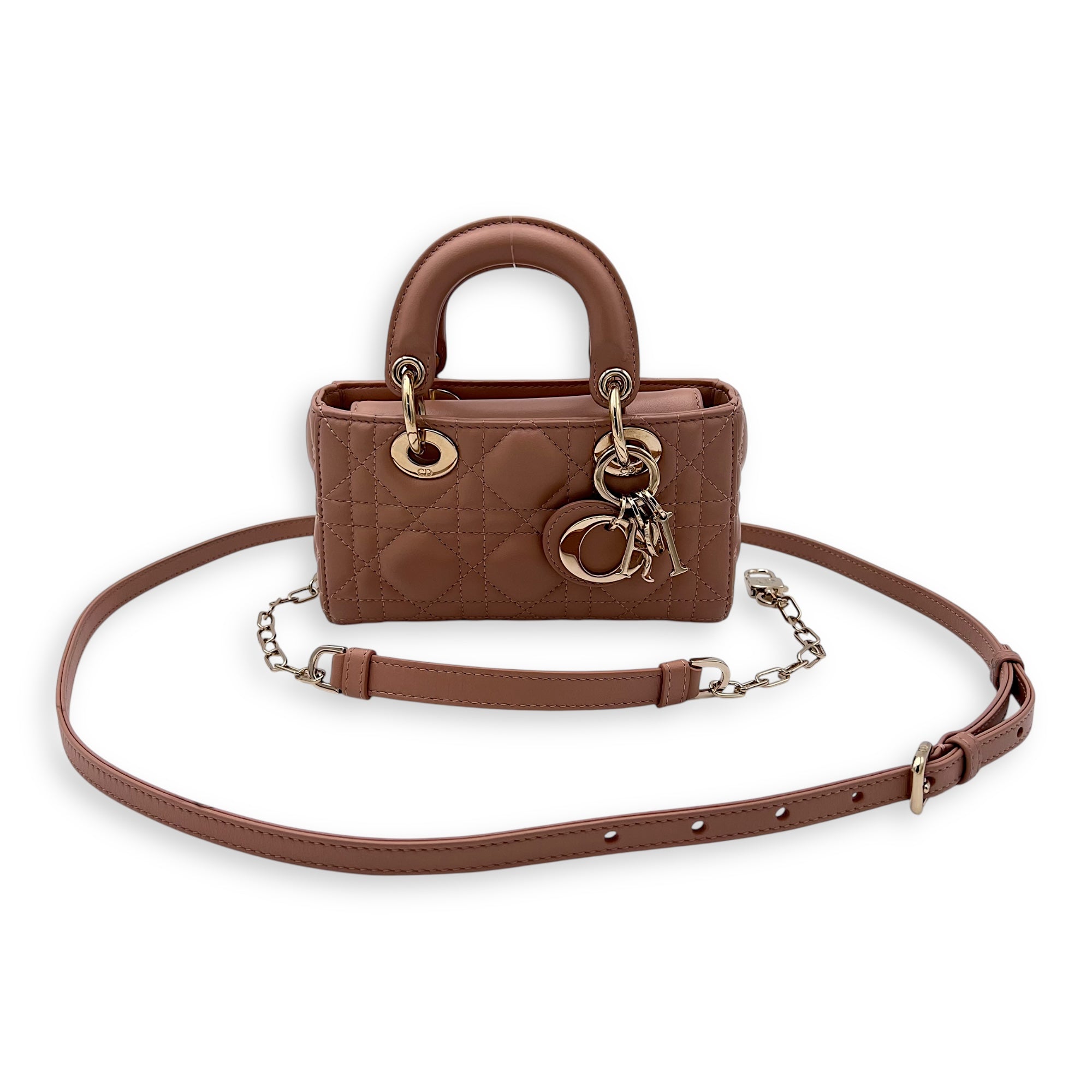 Christian Dior Lady D-Joy Top Handle Bag Micro Beige in Lambskin, Gold hardware_13