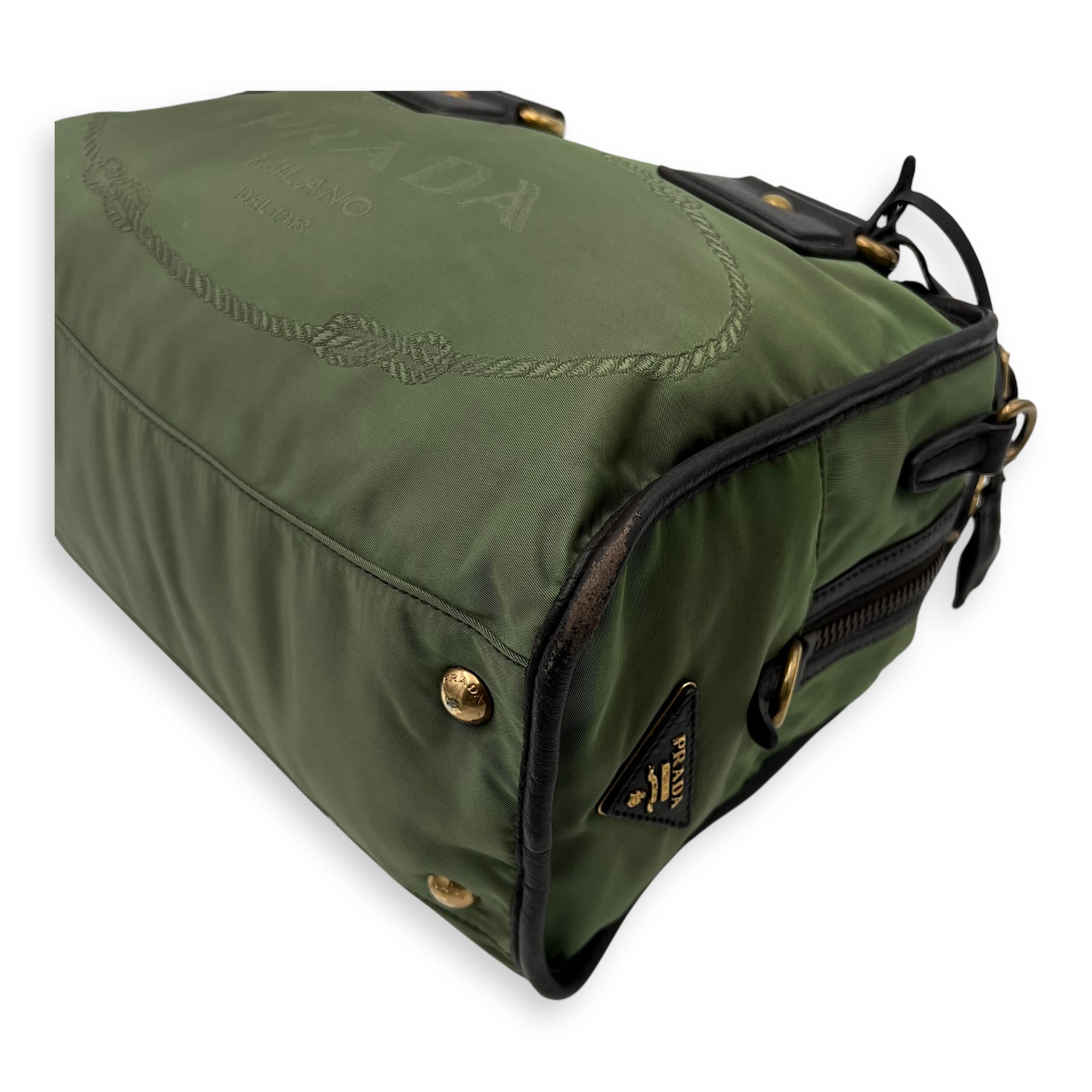 Prada Logo Top Handle Bag Green in Nylon, Gold hardware_8
