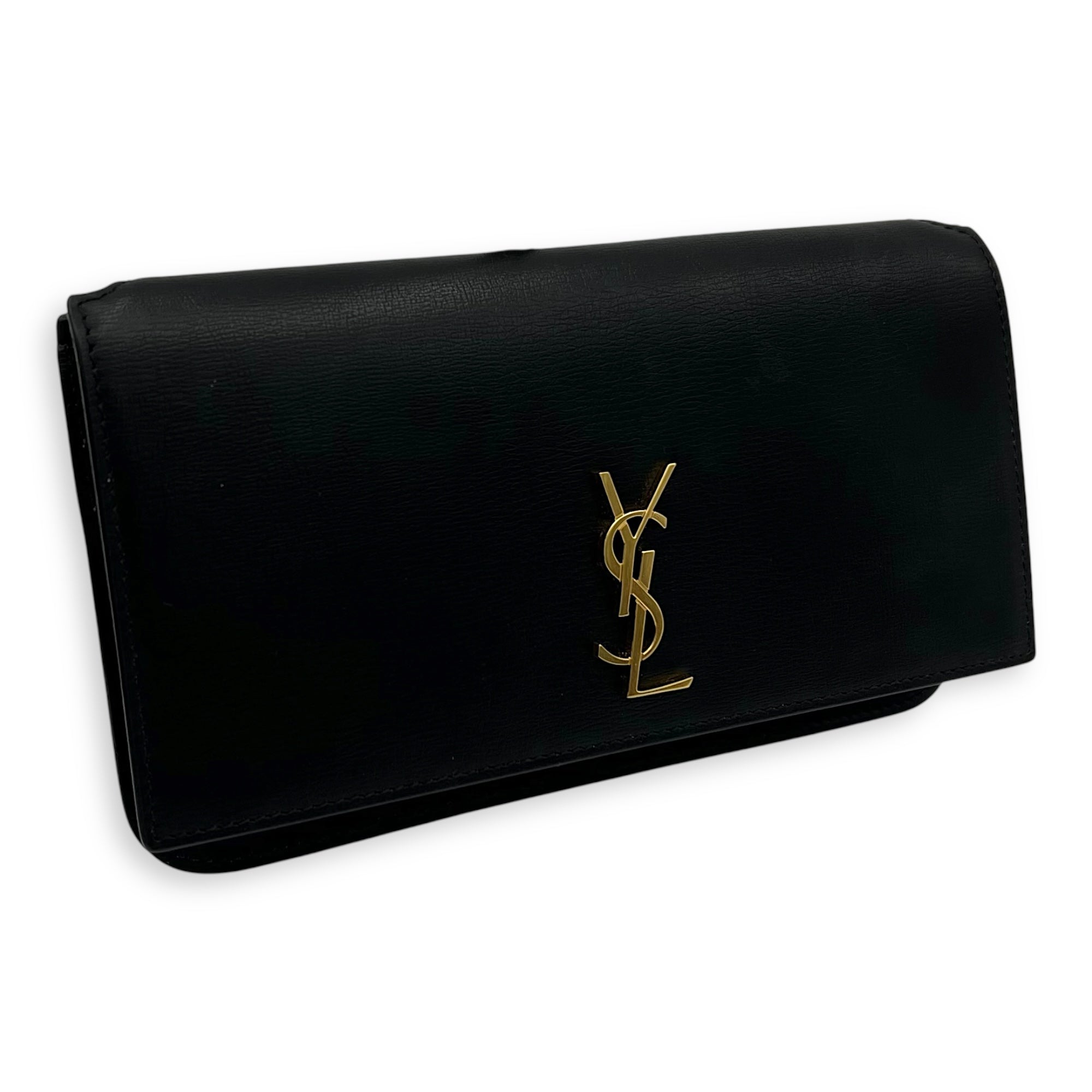 Saint Laurent Cassandra Black Phone Holder in Calfskin, Gold hardware_7