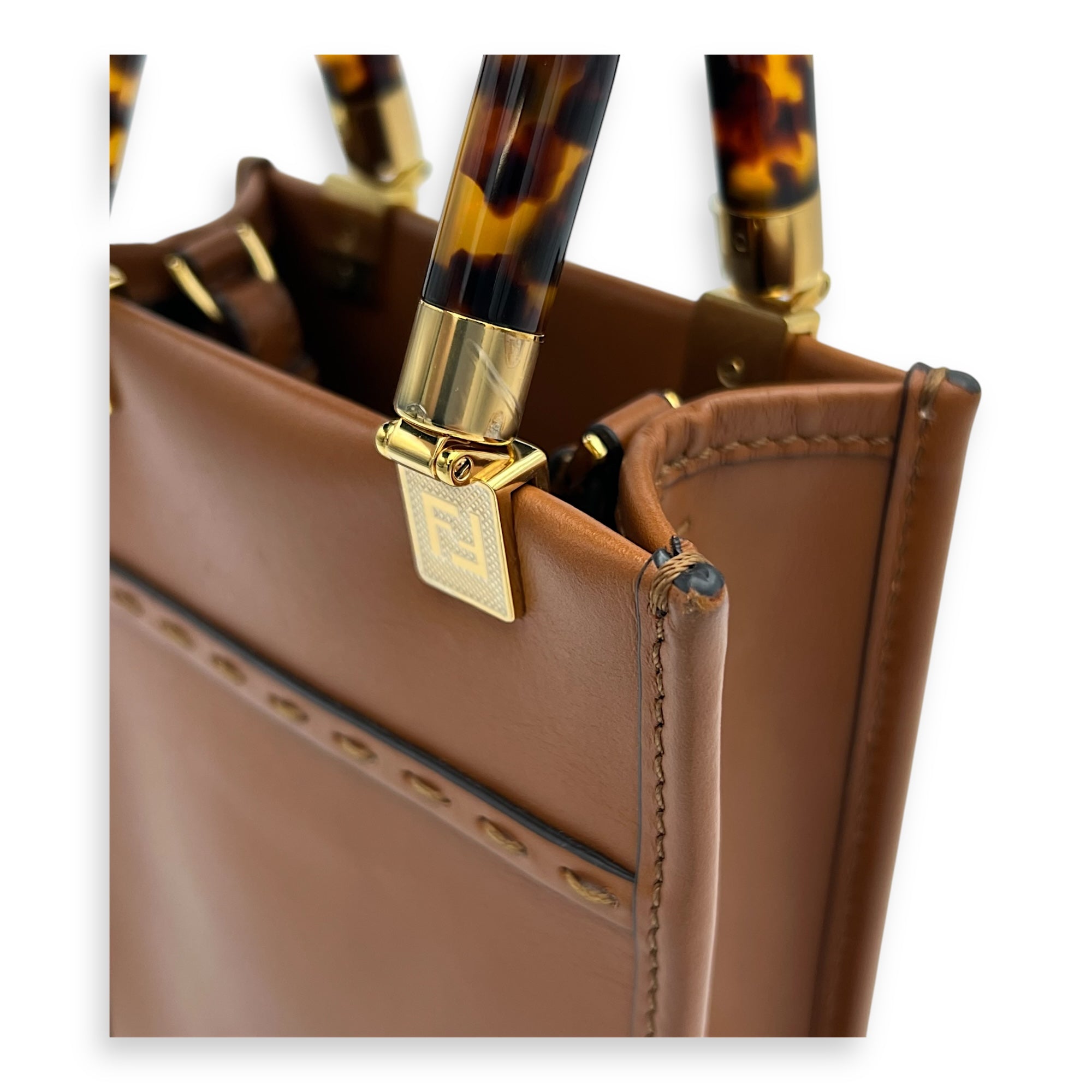 Fendi Sunshine Top Handle Bag Mini Brown in Calfskin, Gold hardware_8