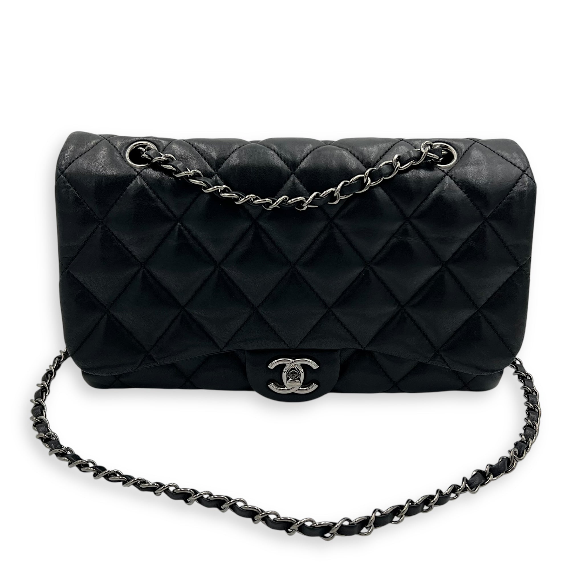 Chanel Accordion Triple Shoulder Bag Black in Lambskin, Silver hardware_20