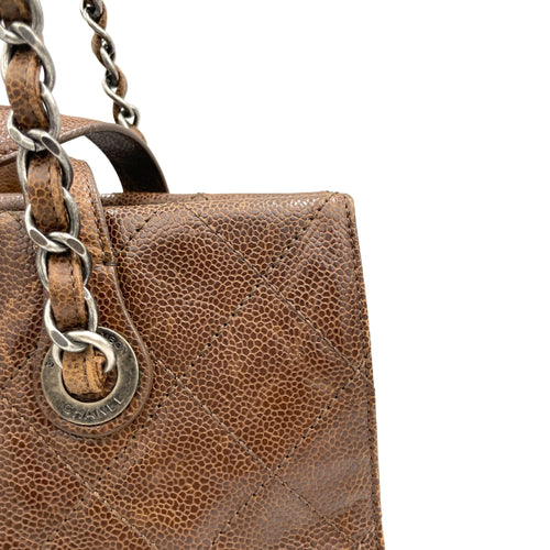 Two-way Brown Top Handle Bag in Caviar Leather, Ruthenium hardware