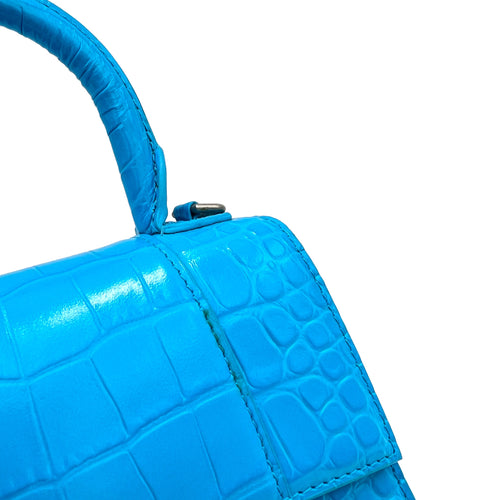 Hourglass XS Blue Top Handle Bag in Calfskin, Silver hardware