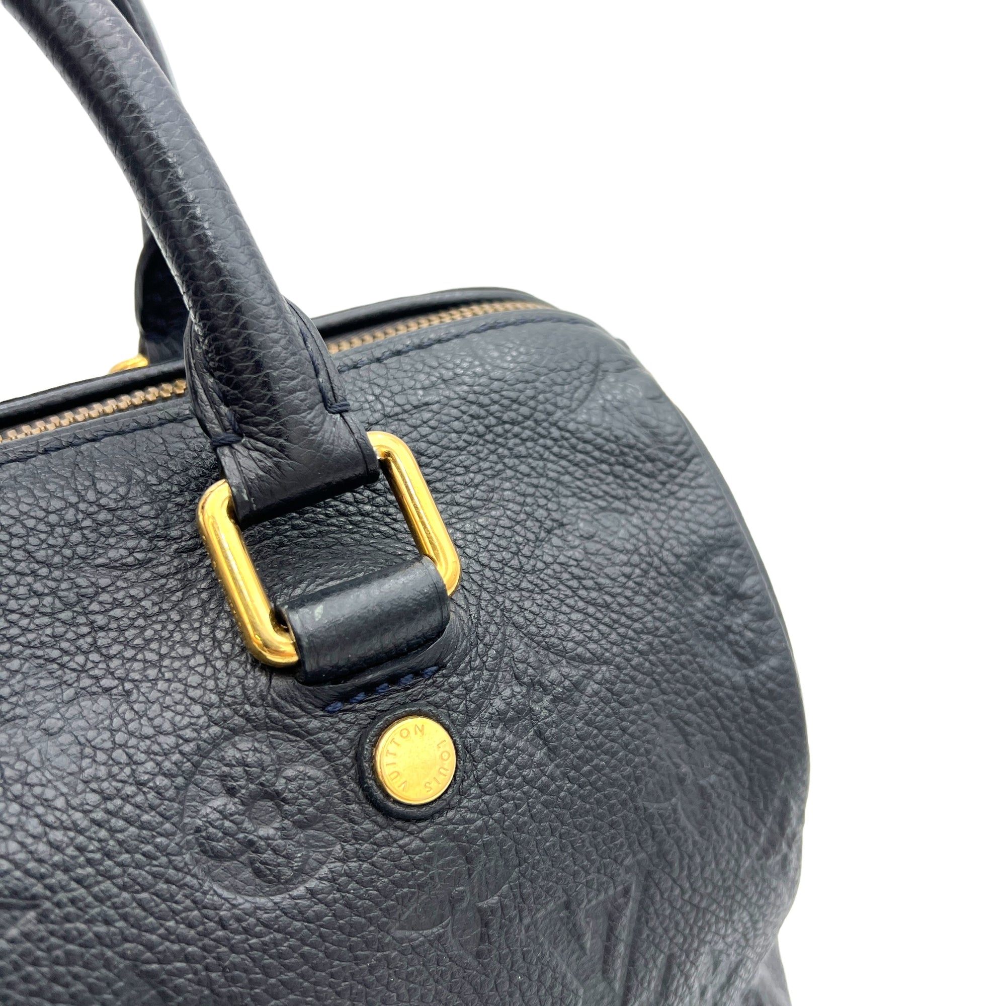 Speedy Bandouliere 25 Black Top Handle Bag in Monogram Empreinte Leather, Gold hardware