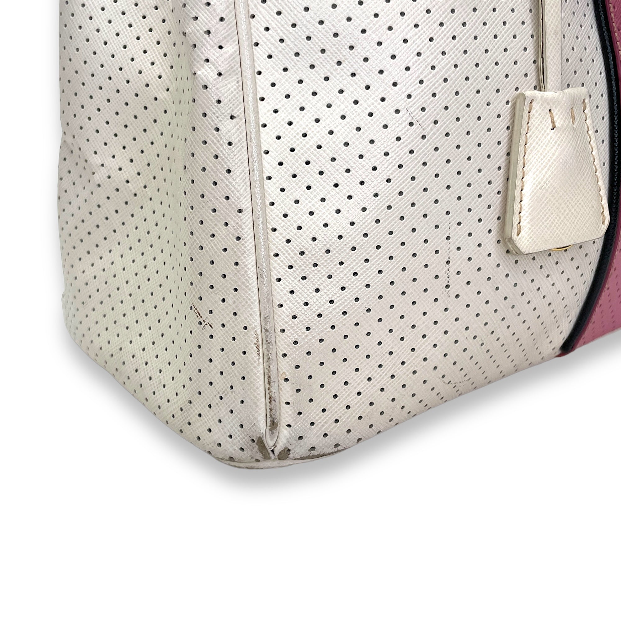 Perforated Galleria White Top Handle Bag in Calfskin, Gold hardware