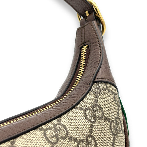 Ophidia Mini Brown Shoulder Bag in Monogram Coated Canvas, Gold hardware