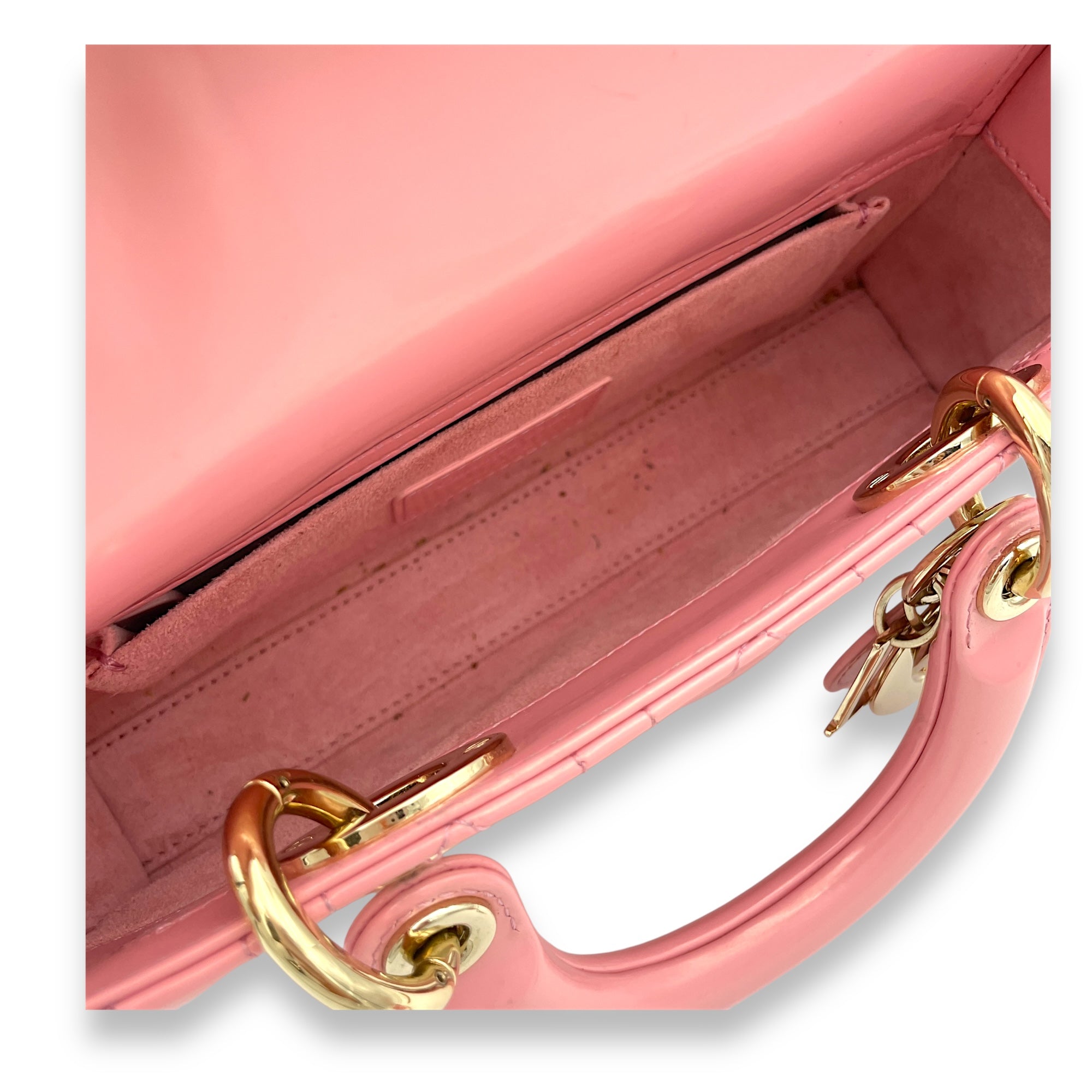 Lady D-Joy Small Pink Top Handle Bag in Patent Leather, Gold hardware