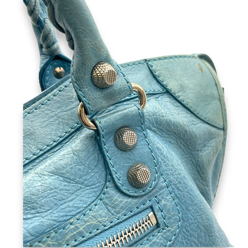 City Medium Blue Top Handle Bag in Distressed Leather, Silver hardware