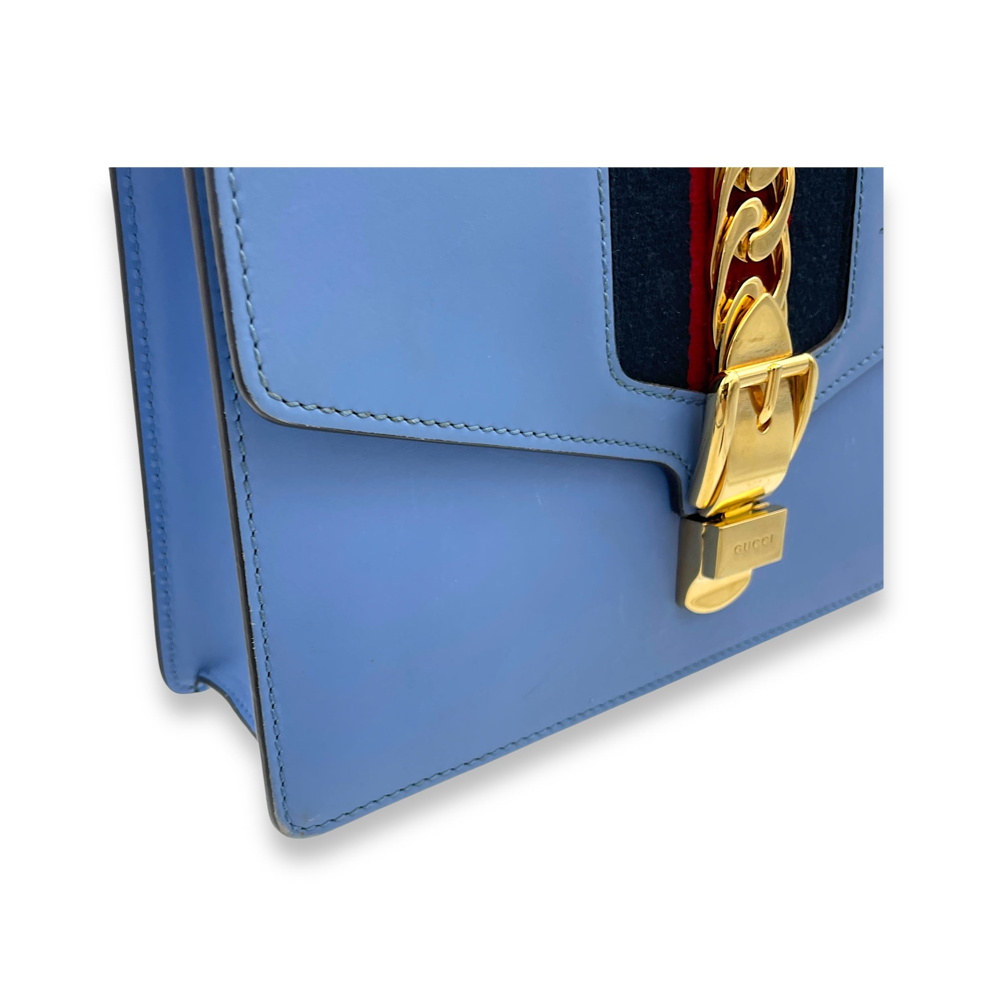 Sylvie Small Blue Shoulder Bag in Calfskin, Gold hardware