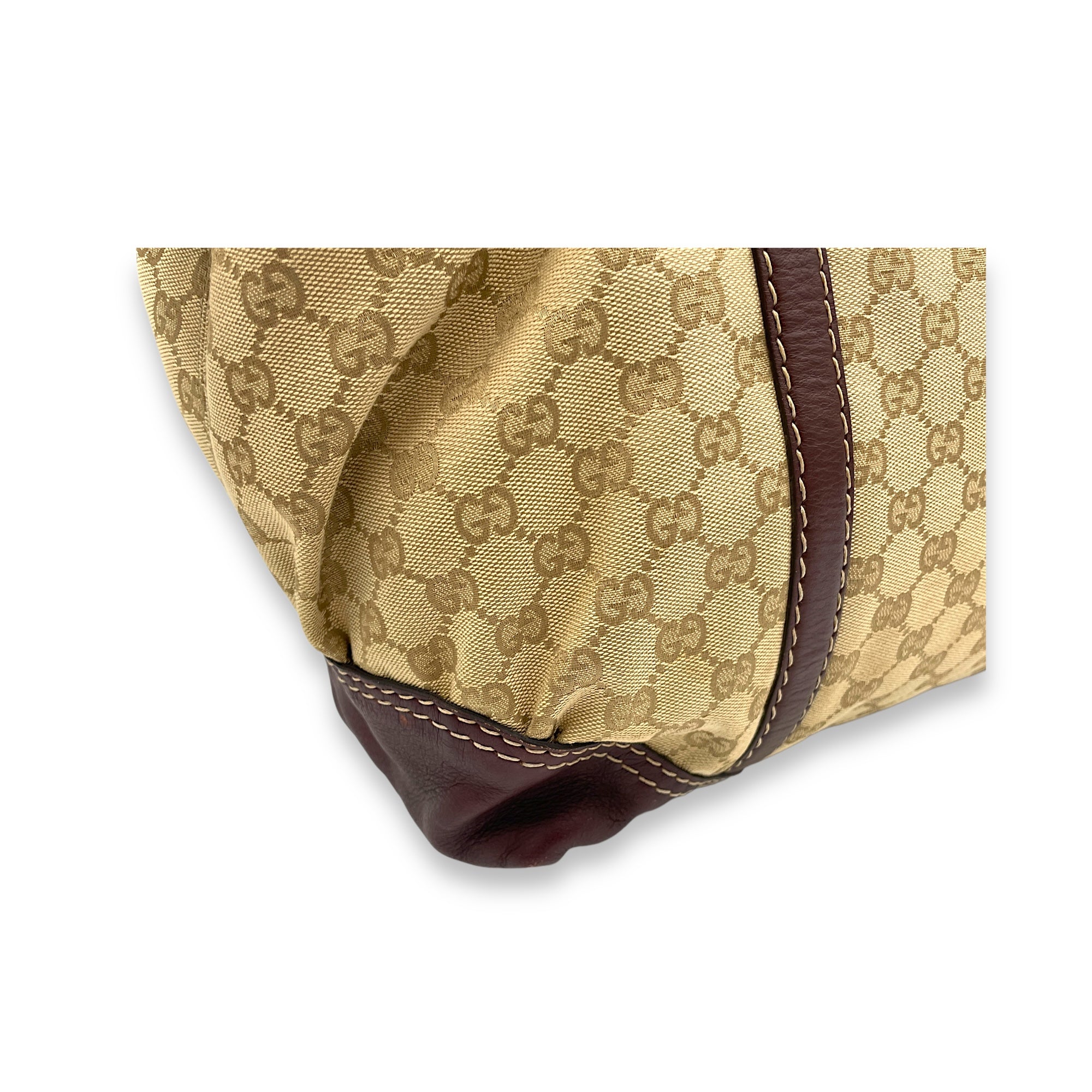 Horsebit Nail Boston  Top Handle Bag Brown in Canvas, Gold hardware