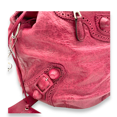 PomPon Red Top Handle Bag in Distressed Leather, Silver hardware