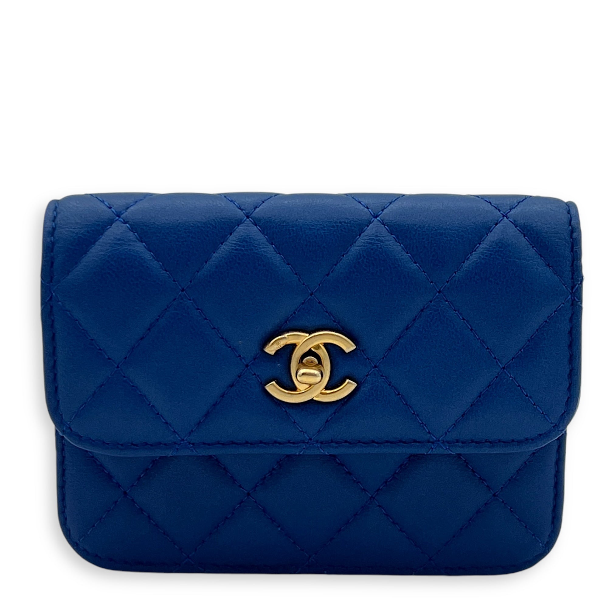 Pearl Crush Mini Blue Wallet On Chain in Calfskin, Gold hardware