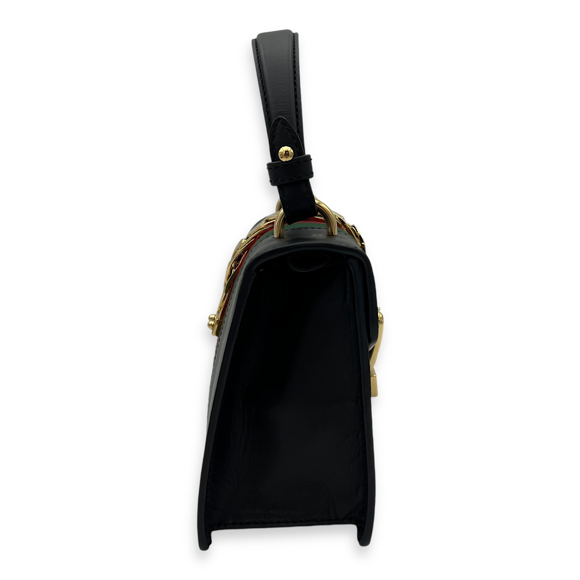 Sylvie Mini Black Top Handle Bag in Calfskin, Gold hardware