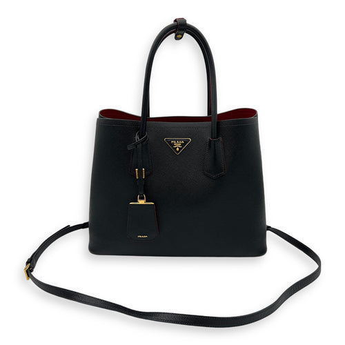 Double Top Handle Bag Black in Saffiano Leather, Gold hardware