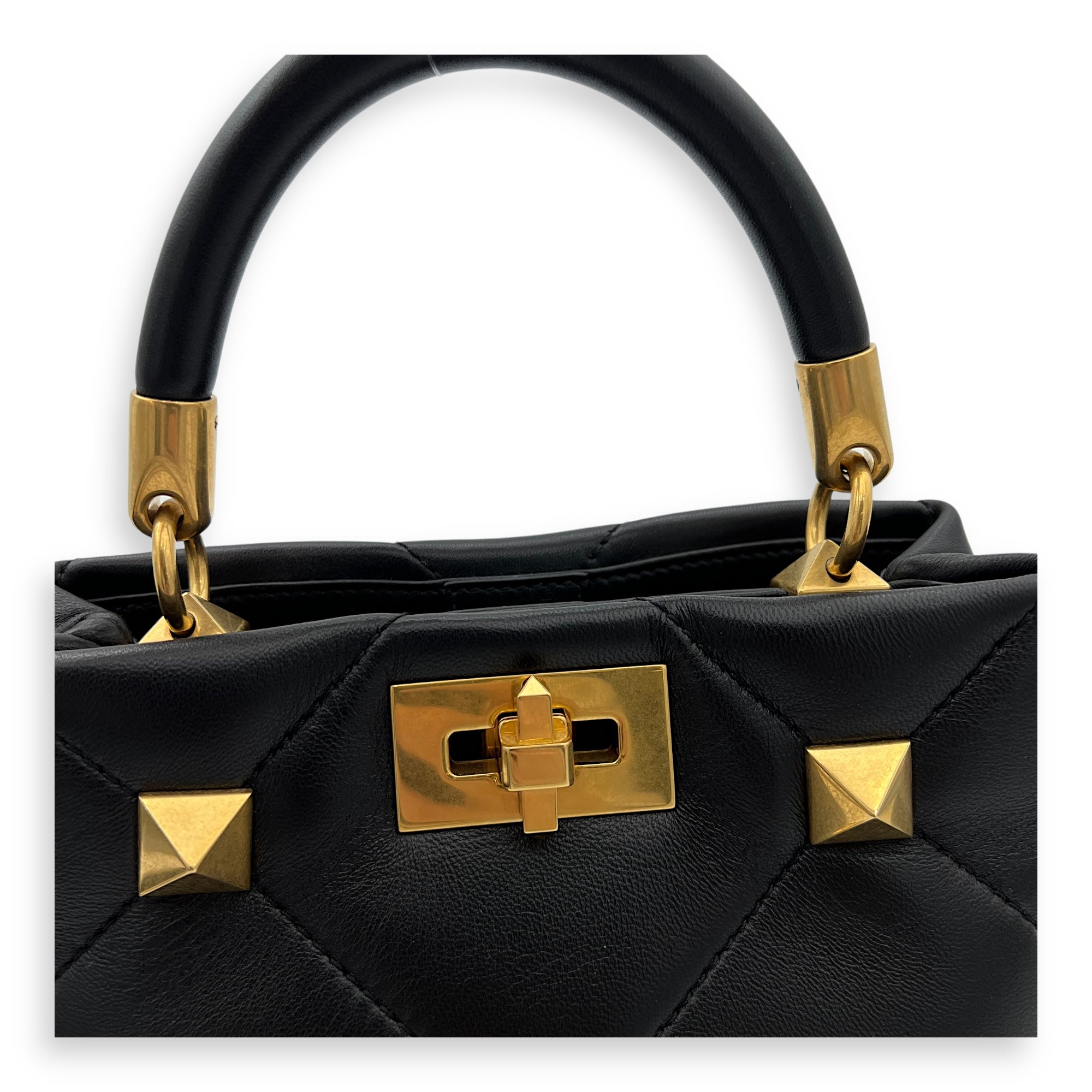 Roman Studs Top Handle Bag Small Black in Calfskin, Gold hardware