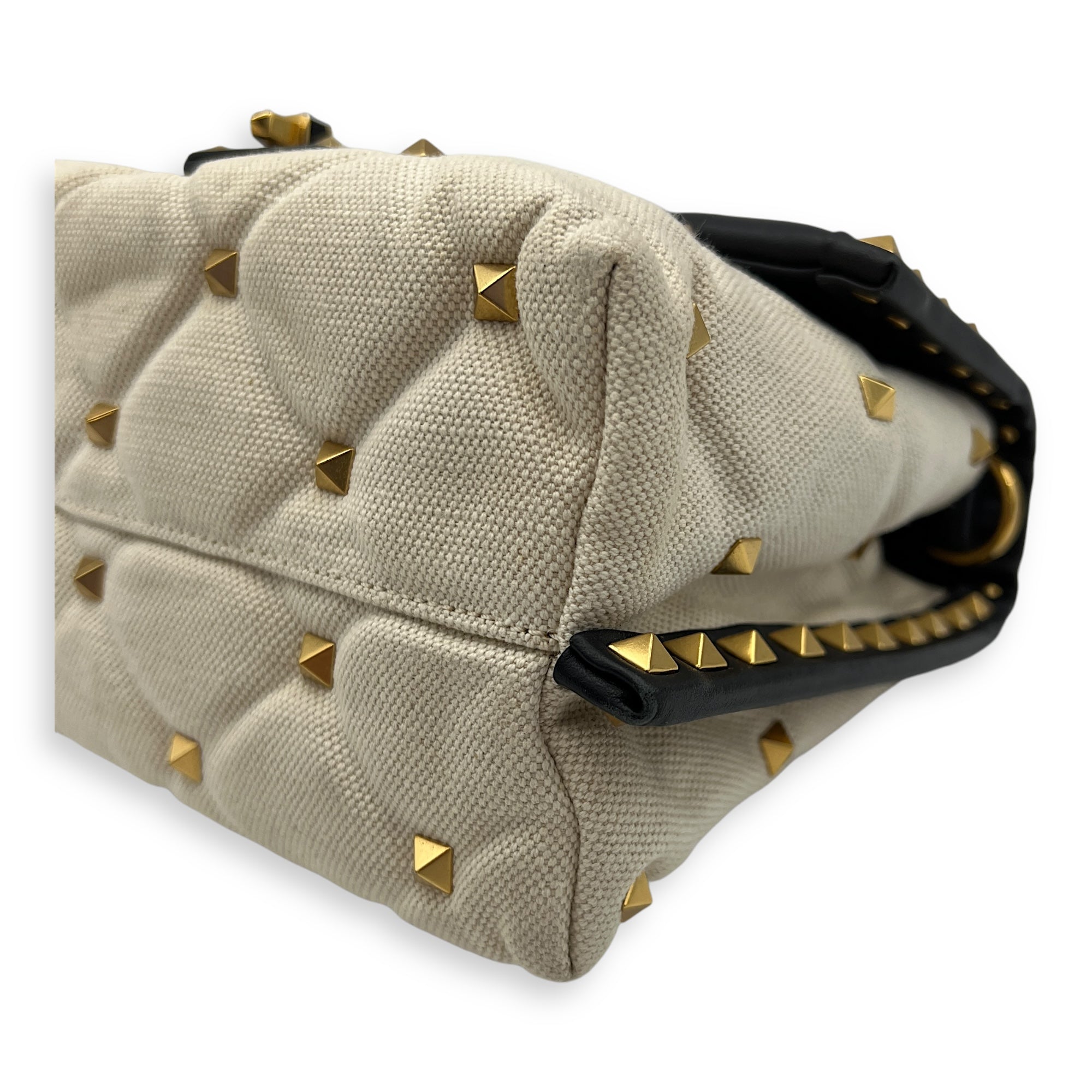 Rockstud White Top Handle Bag in Canvas, Gold hardware