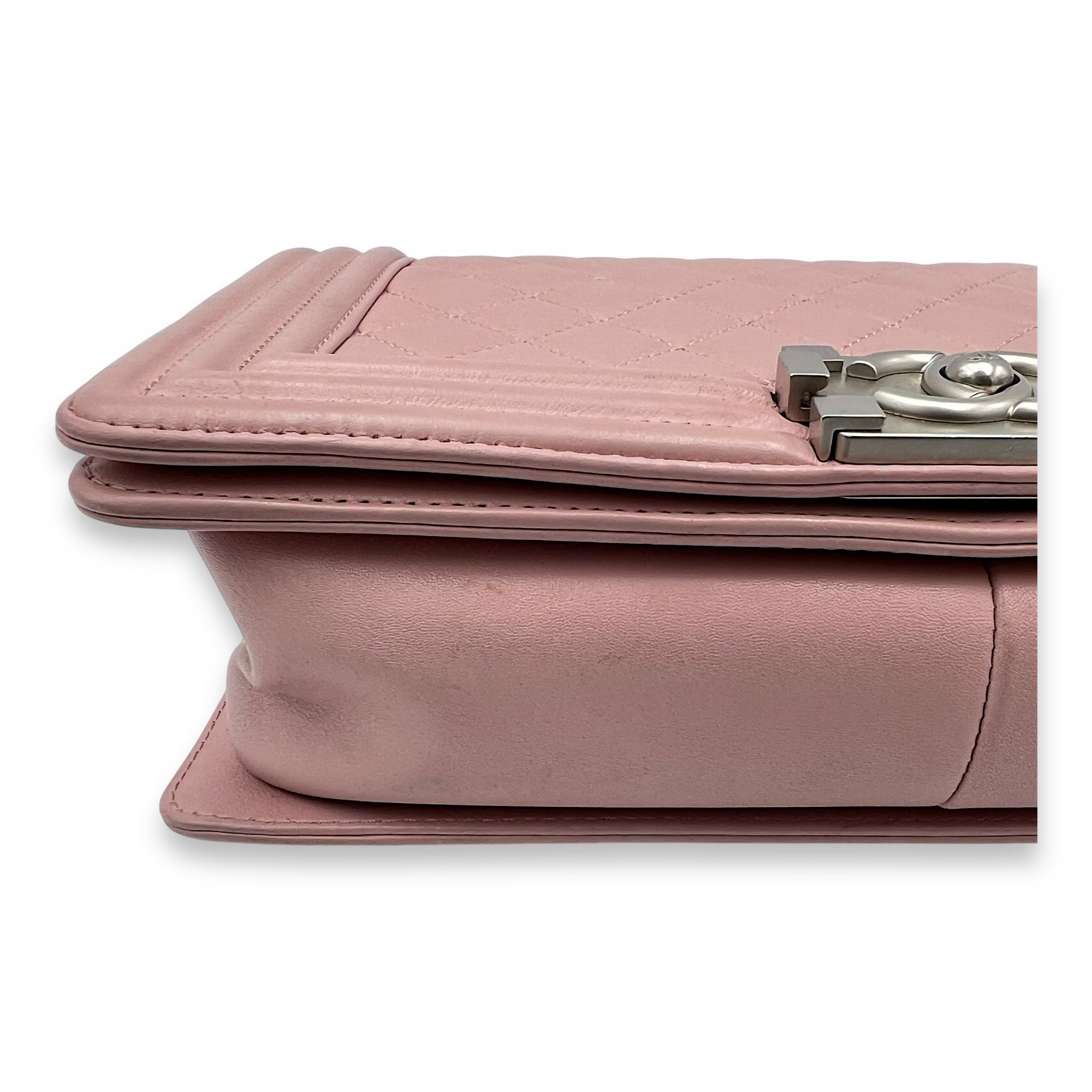 Chanel Boy Crossbody Bag Medium Pink in Calfskin, Silver hardware_7