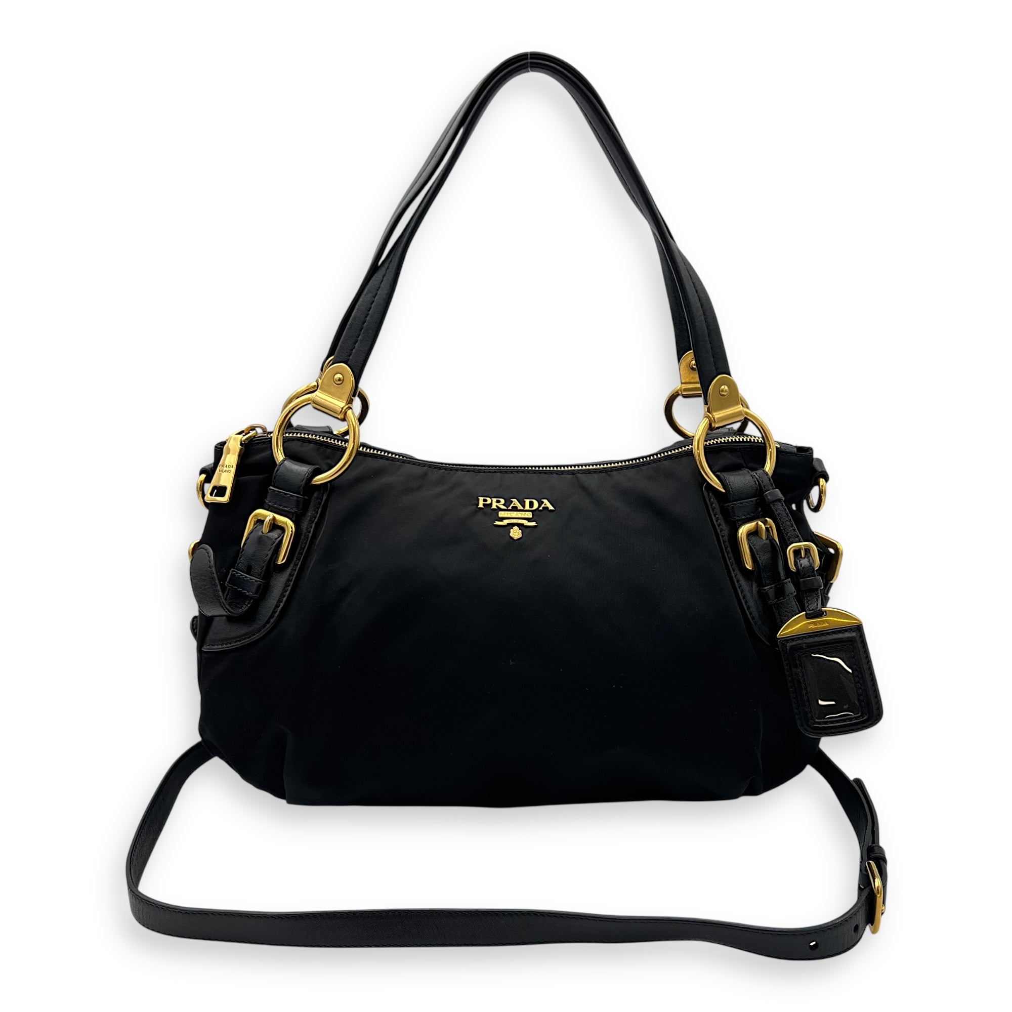 Prada Logo Top Handle Bag Black in Nylon, Gold hardware_12