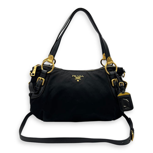 Prada Logo Top Handle Bag Black in Nylon, Gold hardware_12